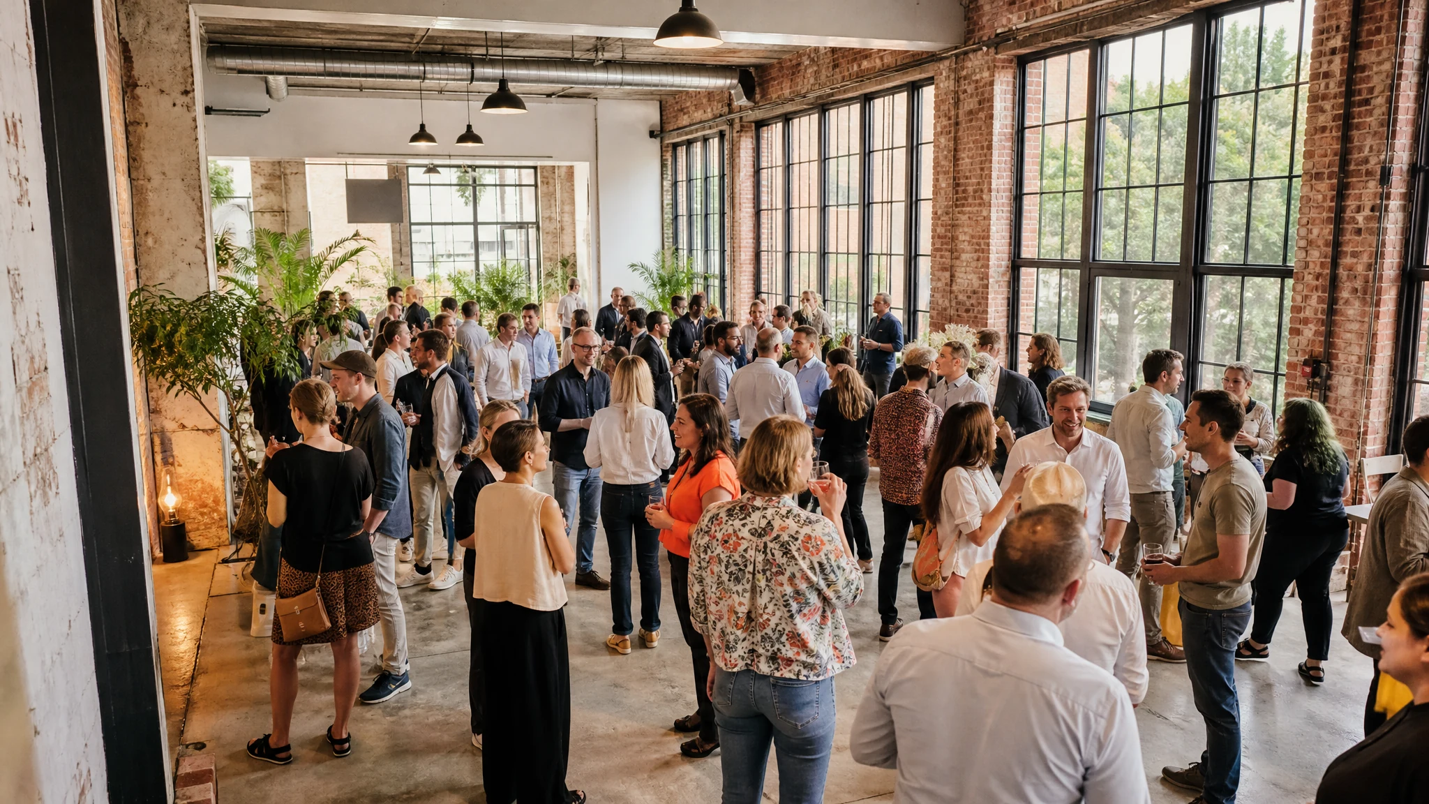 Gäste unterhalten sich in einem Loft mit Backsteinwänden, Inspiration für eine Eventlocation für 50 Personen in Düsseldorf