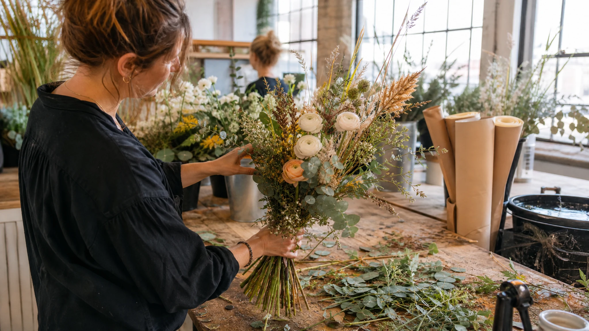 Eine Floristin in Köln bindet in einem hellen Atelier einen Strauß aus Ranunkeln, Eukalyptus und Gräsern