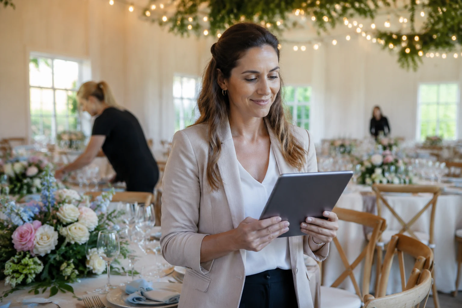 Eventplaner bei der Arbeit in einer festlich vorbereiteten Eventlocation