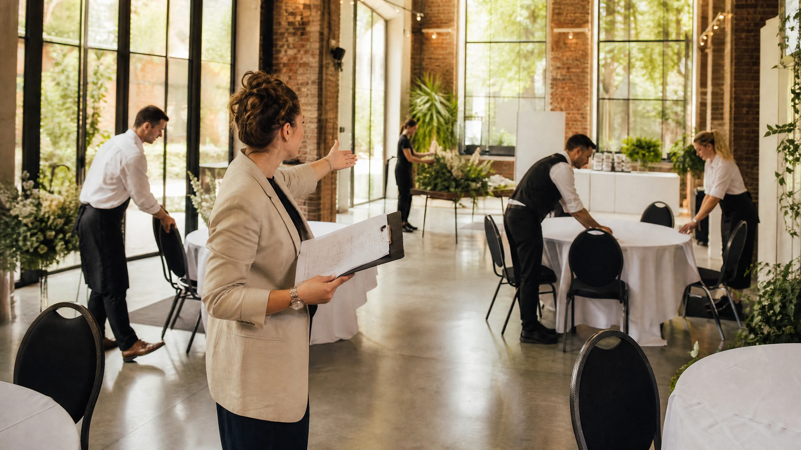 Eventplaner bei der Arbeit in einer festlich vorbereiteten Eventlocation