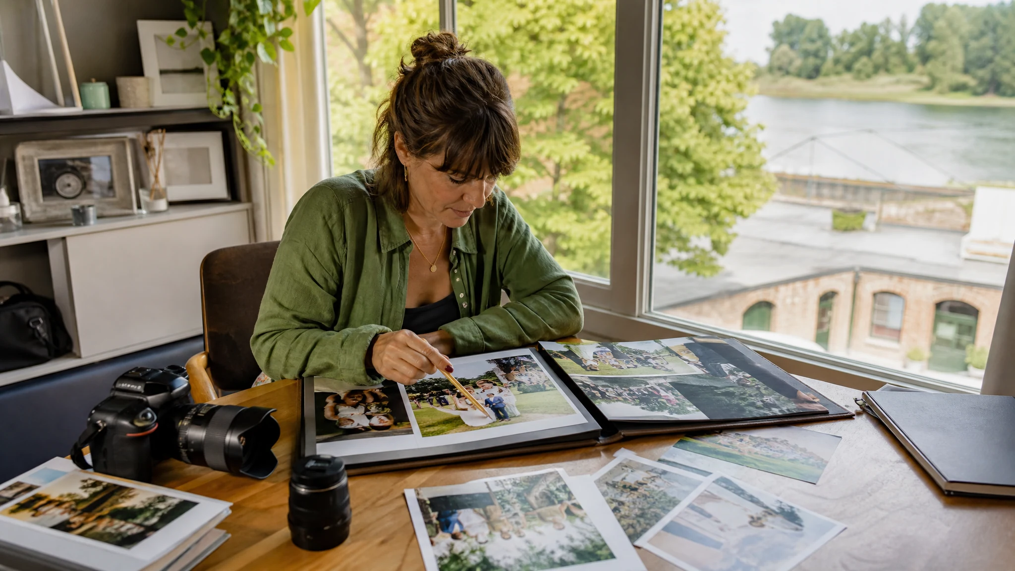 Eine Frau sieht am Schreibtisch Hochzeitsfotos in einem Album durch, um einen Hochzeitsfotografen in Bonn zu vergleichen