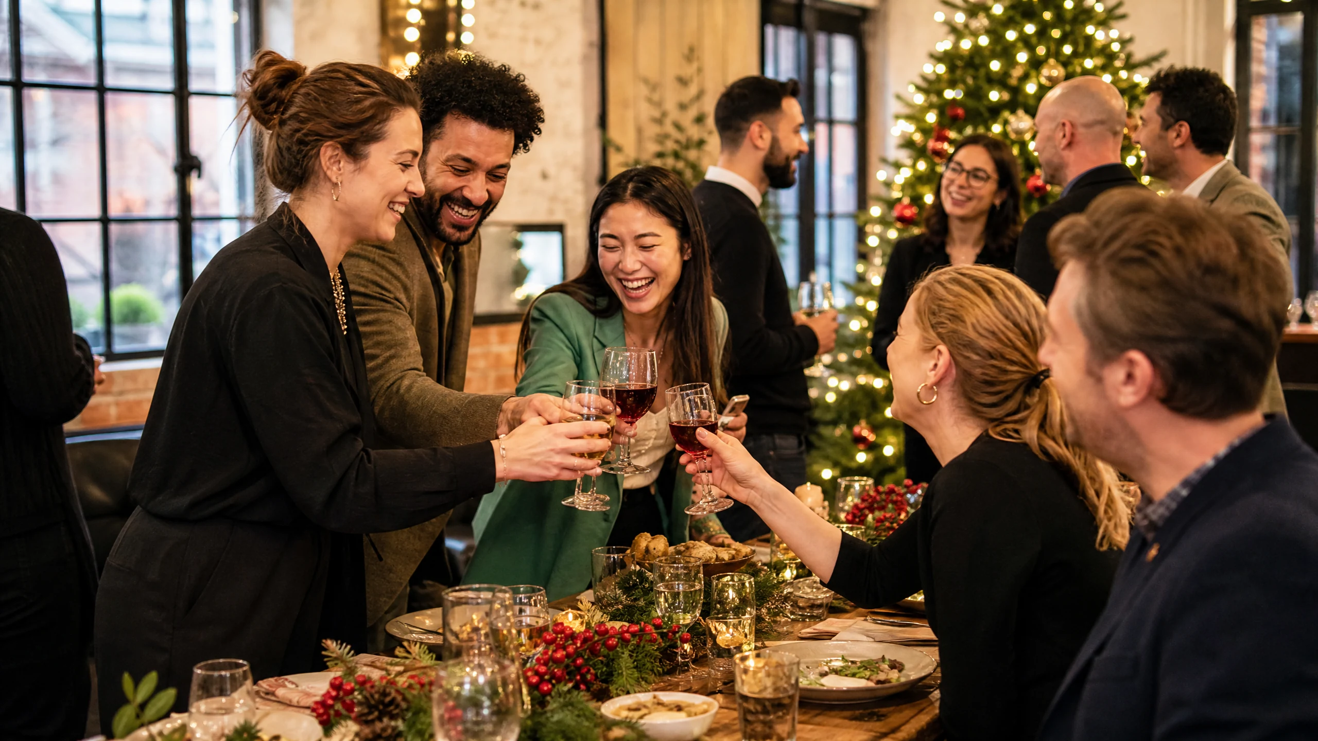 Lachende Kollegen stoßen in einer Location mit Tannenbaum an einer gedeckten Tafel an, Ideen für eine Weihnachtsfeier