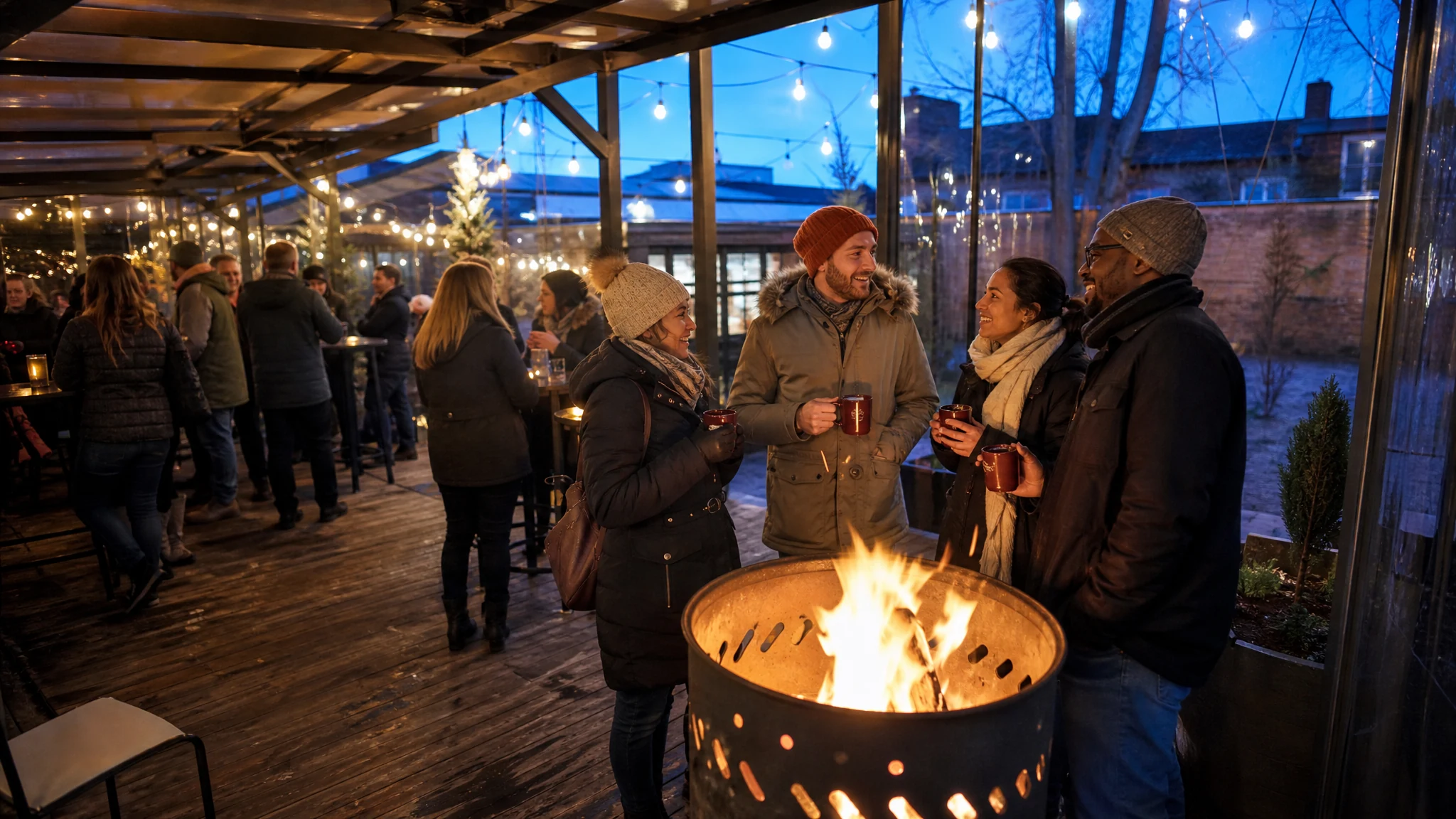 Gäste stehen mit Bechern an einer Feuertonne auf einer überdachten Terrasse, Ideen für eine Weihnachtsfeier im Freien