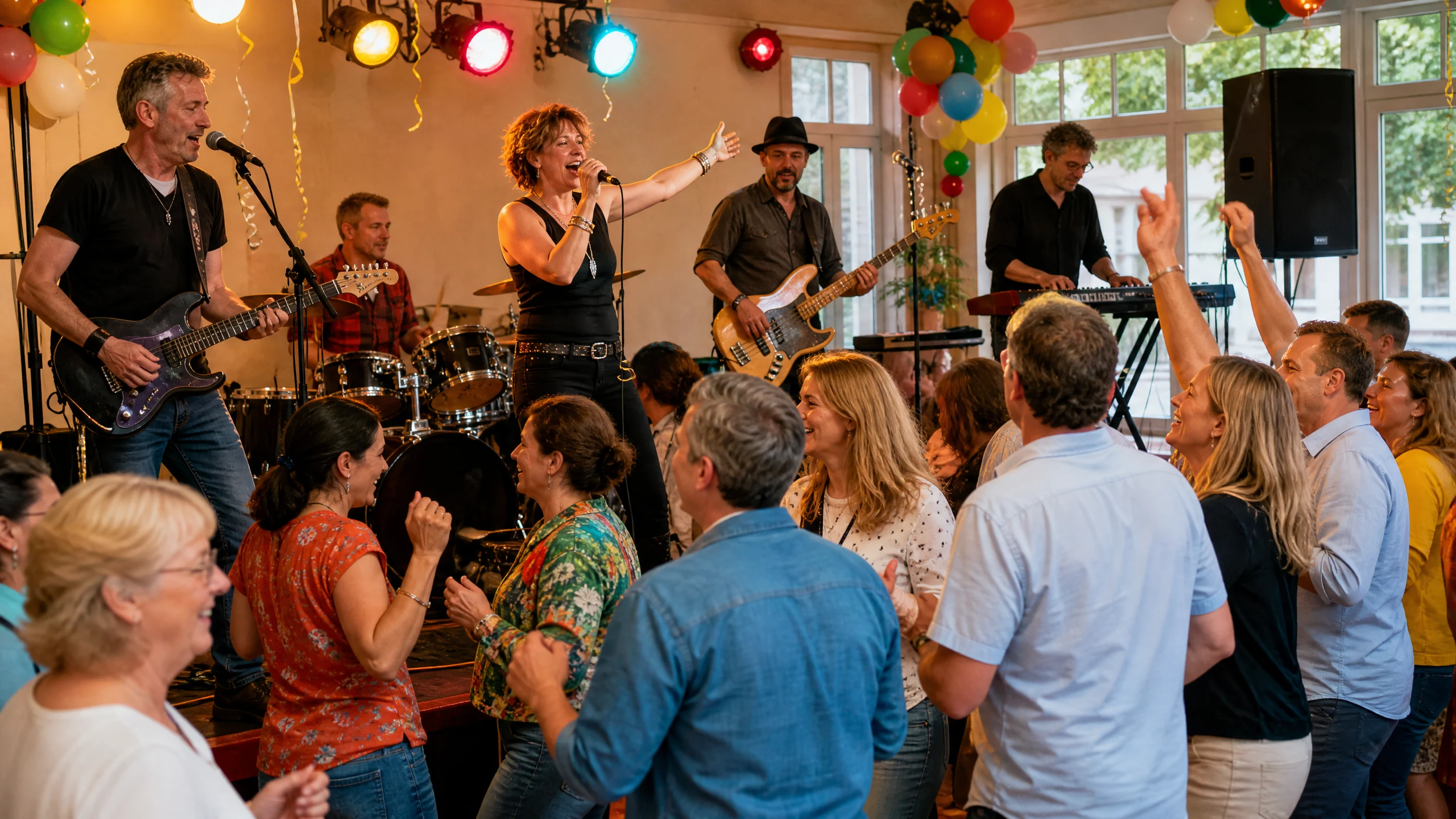Eine Band spielt auf einer Geburtstagsfeier in einem Saal mit Luftballons, tanzende Gäste klatschen und singen mit