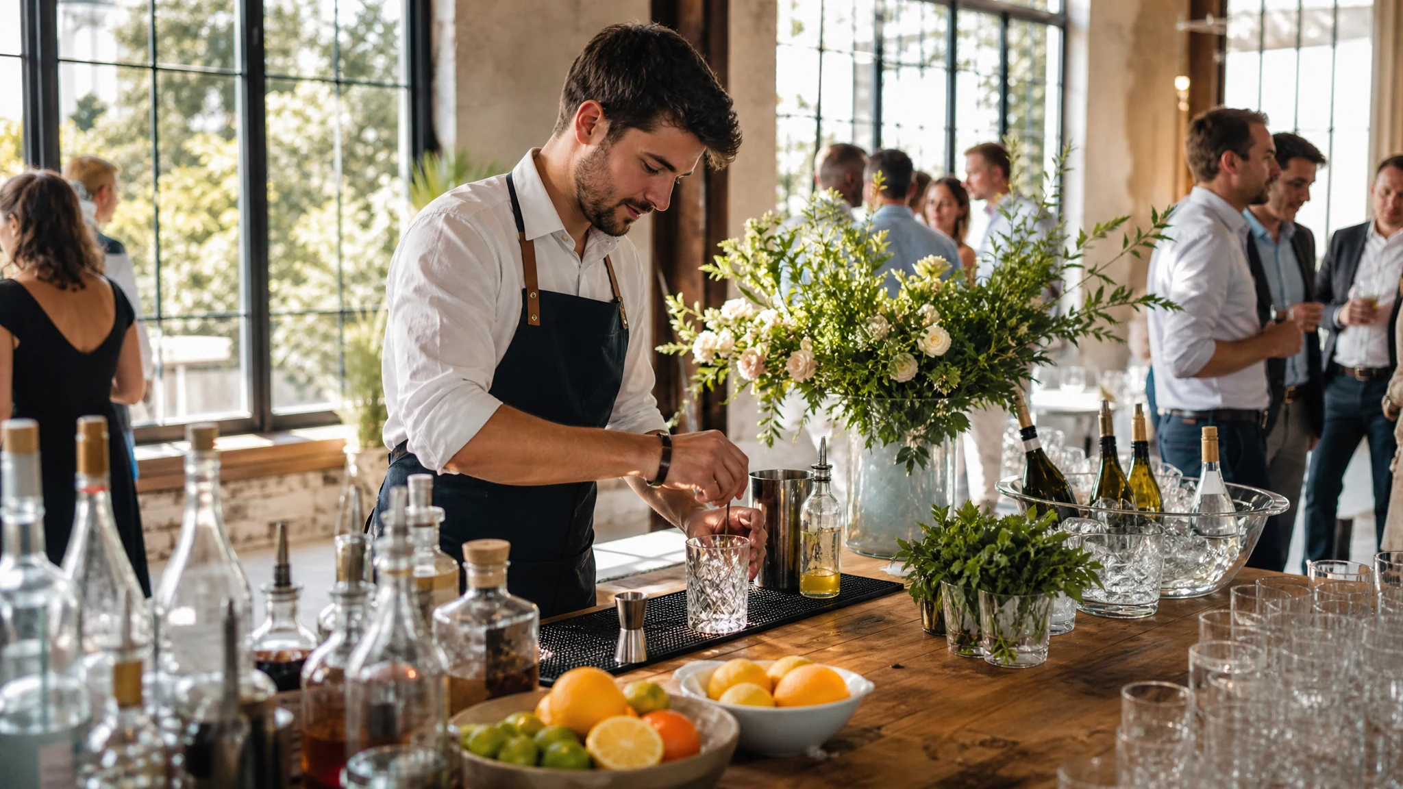 Ein Barkeeper mischt an einer Holztheke einen Drink, im Hintergrund feiern Gäste bei einer Hochzeit in einer hellen Halle