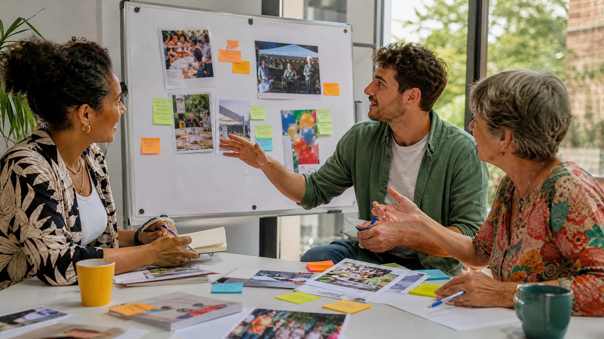Ein Team plant am Tisch vor einem Whiteboard mit Fotos und Notizzetteln eine Benefizveranstaltung