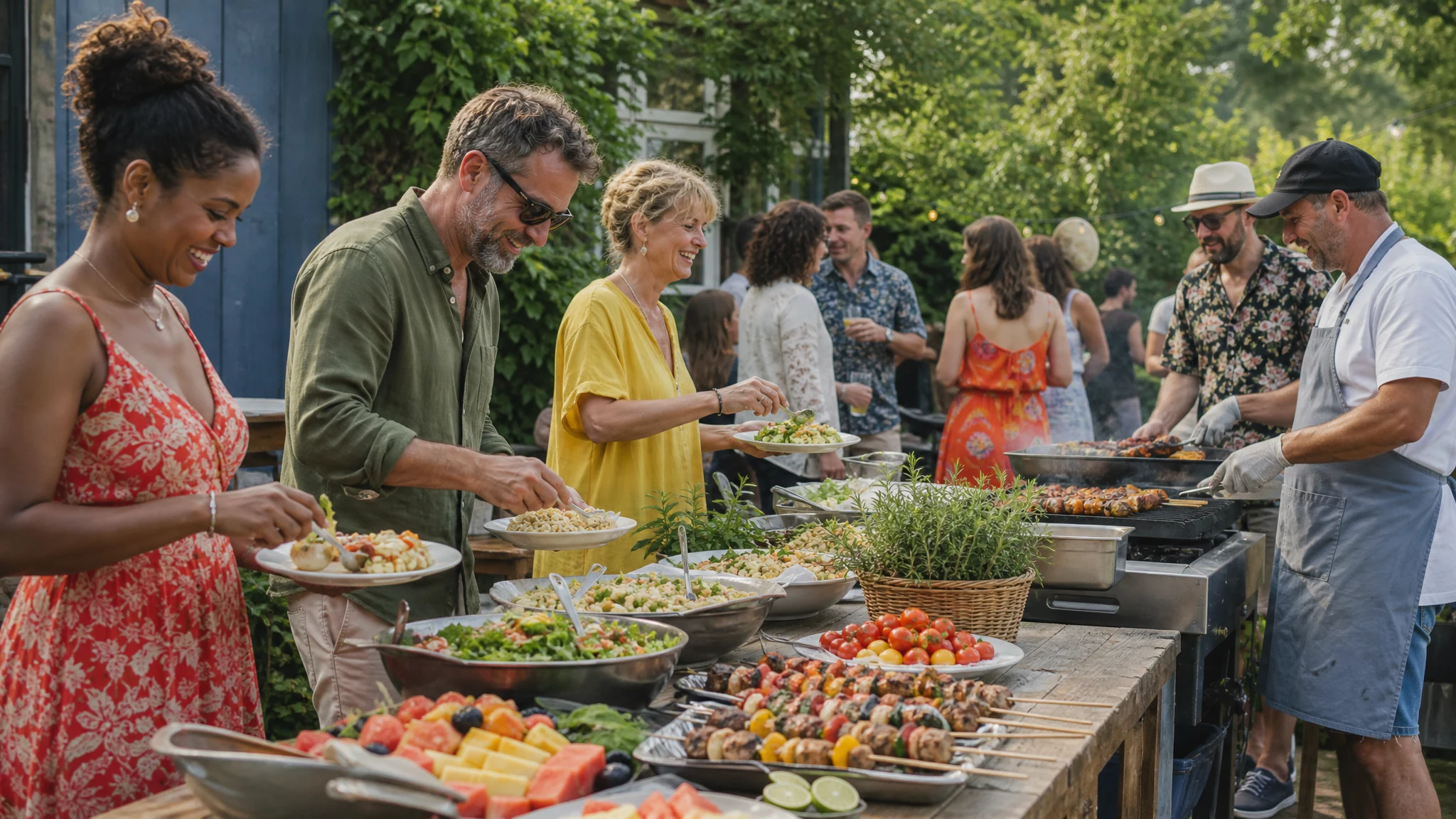 Gäste bedienen sich am Buffet eines Caterings auf einem Sommerfest im Garten, ein Koch grillt Spieße am Rand