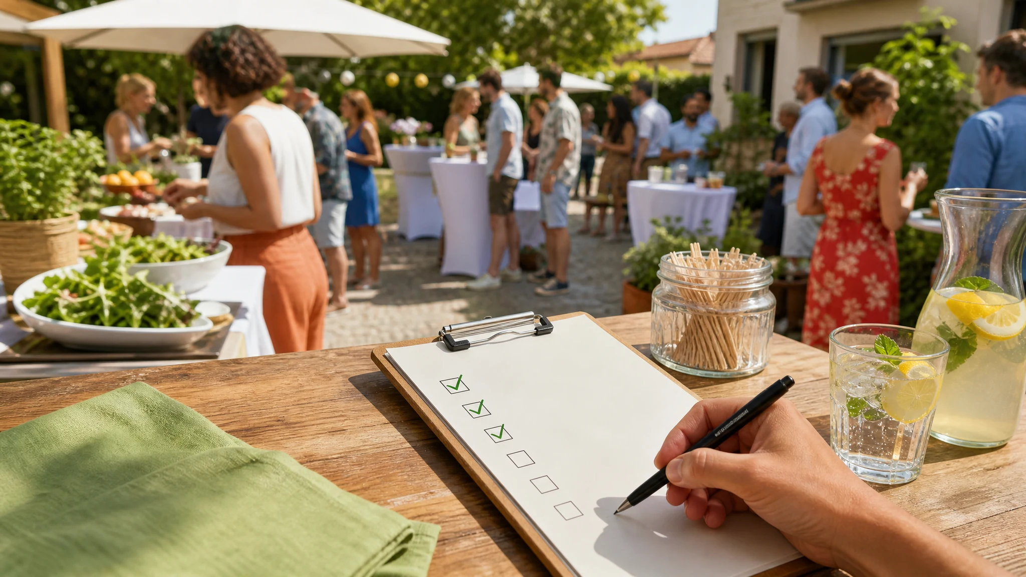 Eine Hand hakt auf einem Klemmbrett die Checkliste für das Catering eines Sommerfests ab, Gäste feiern im Garten