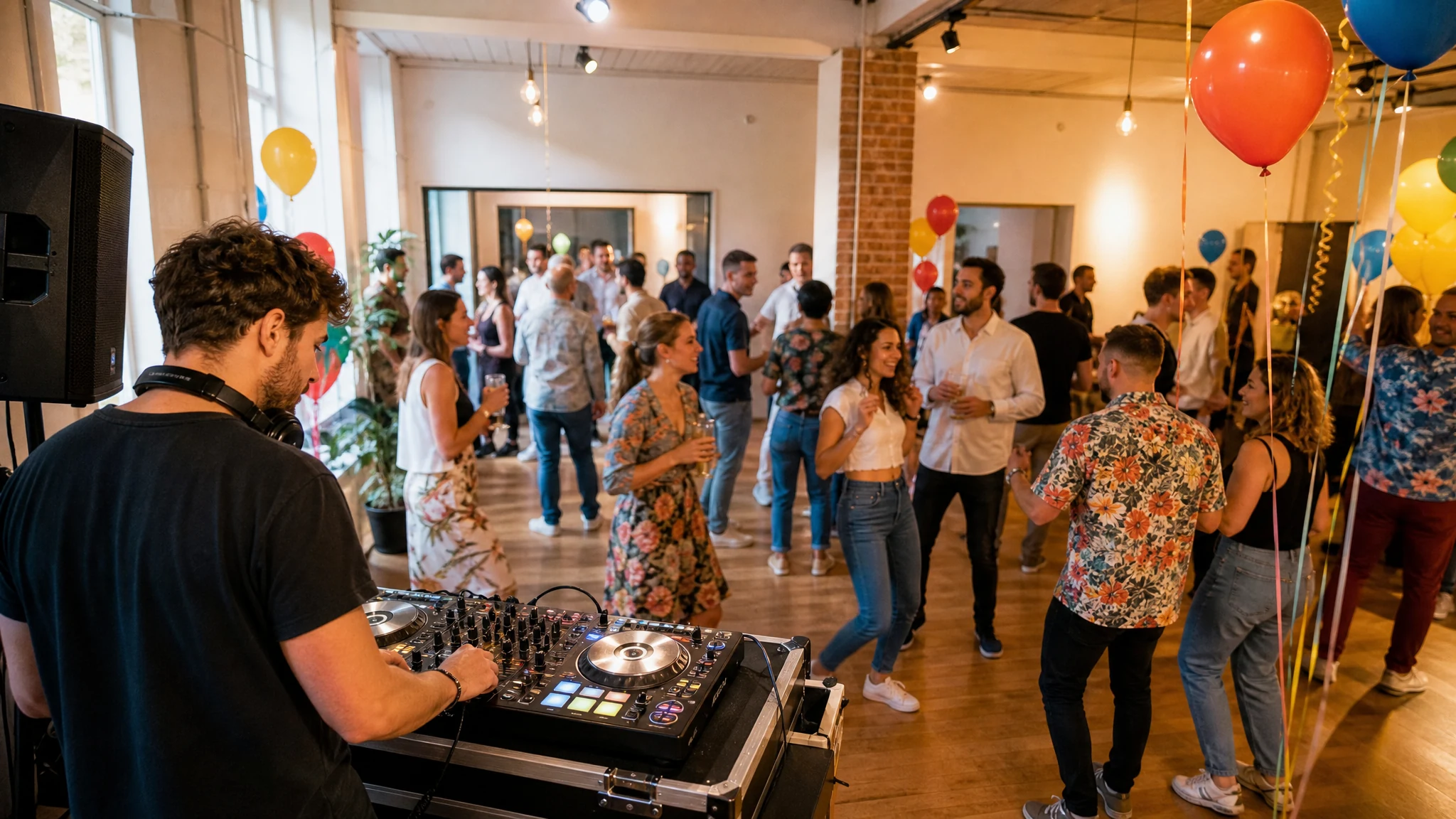 Ein DJ mit Kopfhörern legt am Pult auf, während Gäste in einem Loft zwischen Luftballons tanzen, wie bei einem Abiball