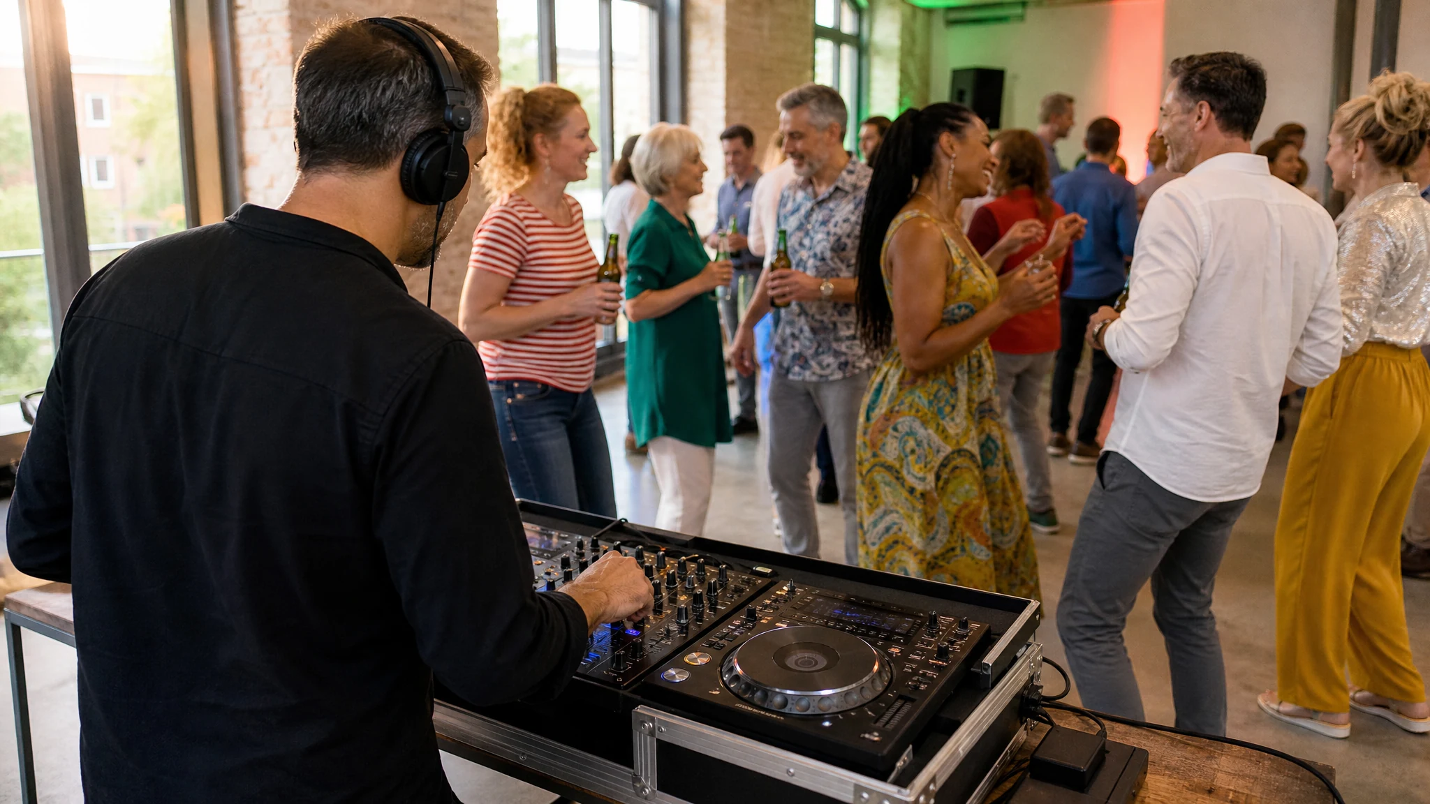 Ein DJ mit Kopfhörern legt auf einer Betriebsfeier am Mischpult auf, während Gäste mit Getränken in einer hellen Halle tanzen