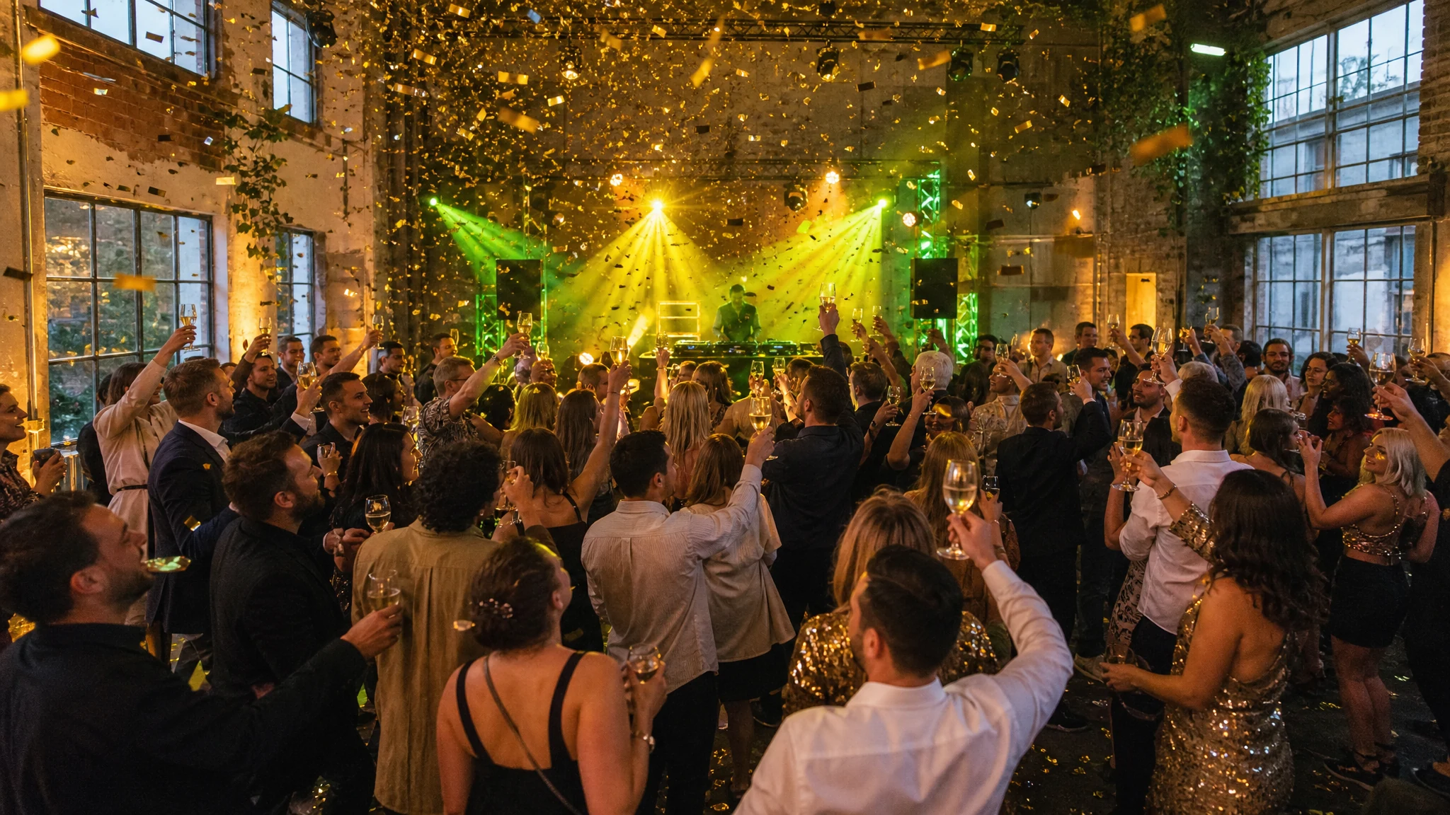 Gäste feiern mit erhobenen Gläsern unter Konfetti, während ein DJ auf einer Silvesterparty in einer Industriehalle auflegt