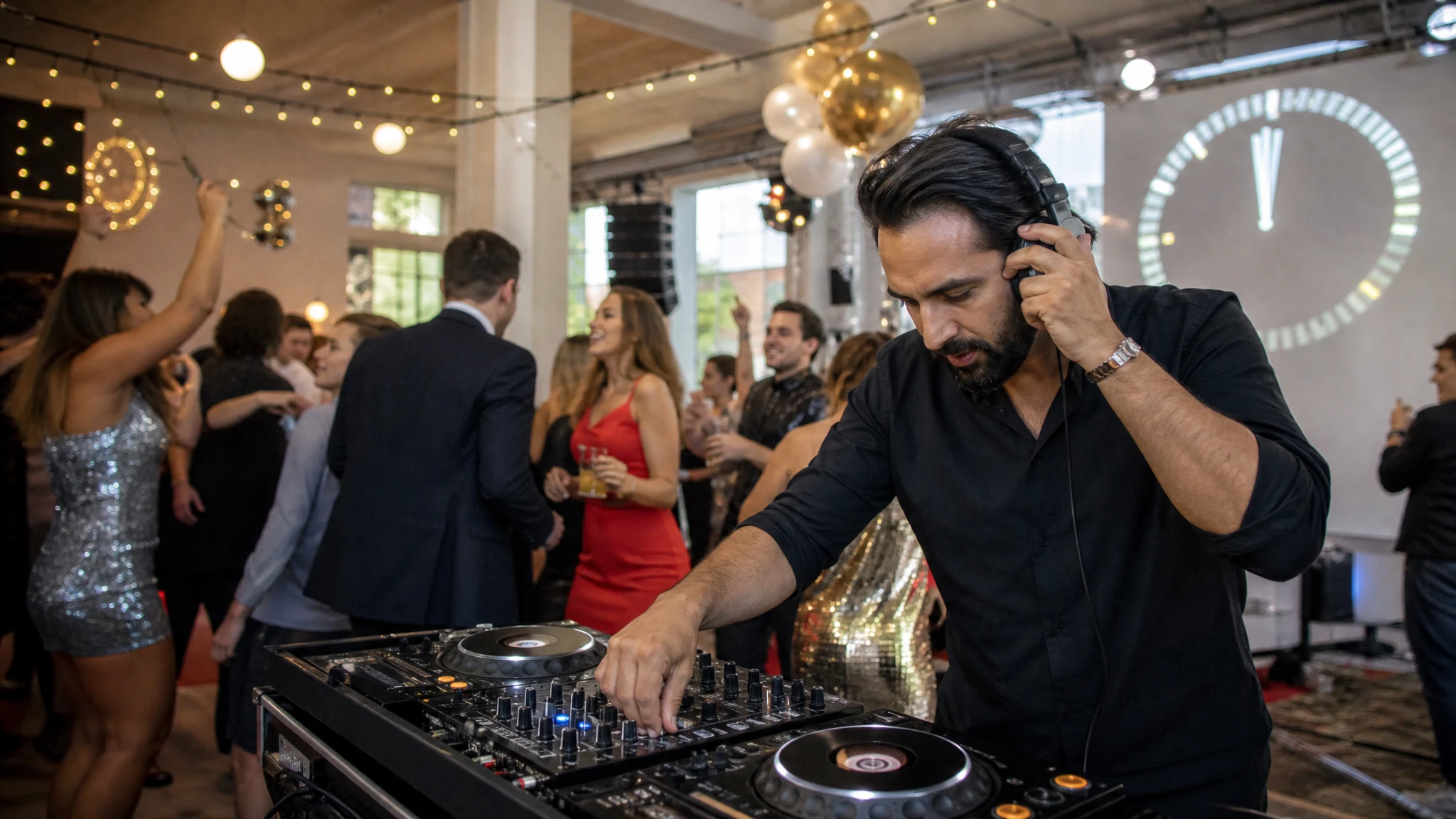 Ein DJ mit Kopfhörern am Mischpult legt auf einer Silvesterfeier in einer Halle auf, Gäste tanzen im Hintergrund
