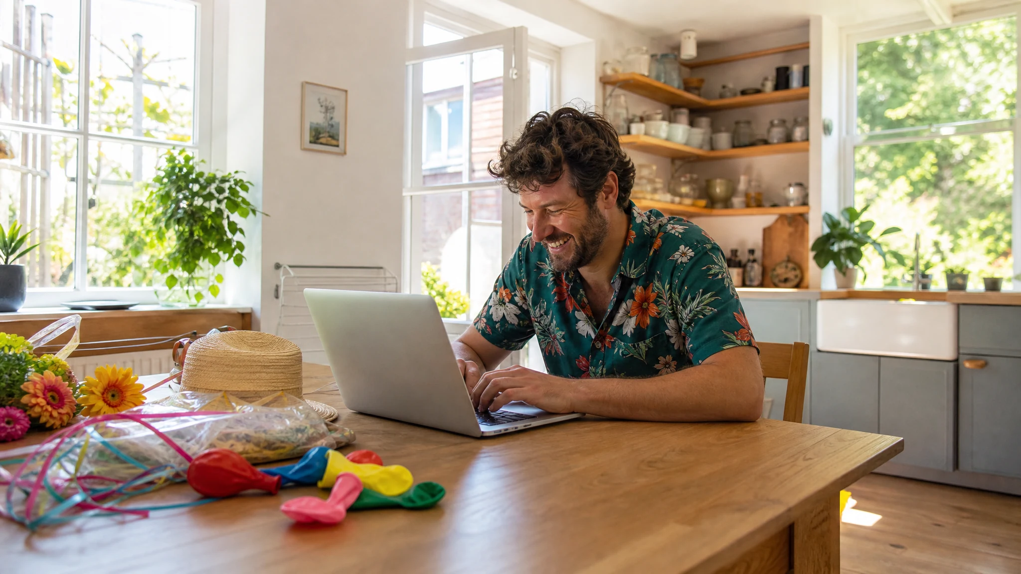Ein lachender Mann im Blumenhemd tippt in der Küche am Laptop an einer Einladung für ein Sommerfest, daneben Luftballons