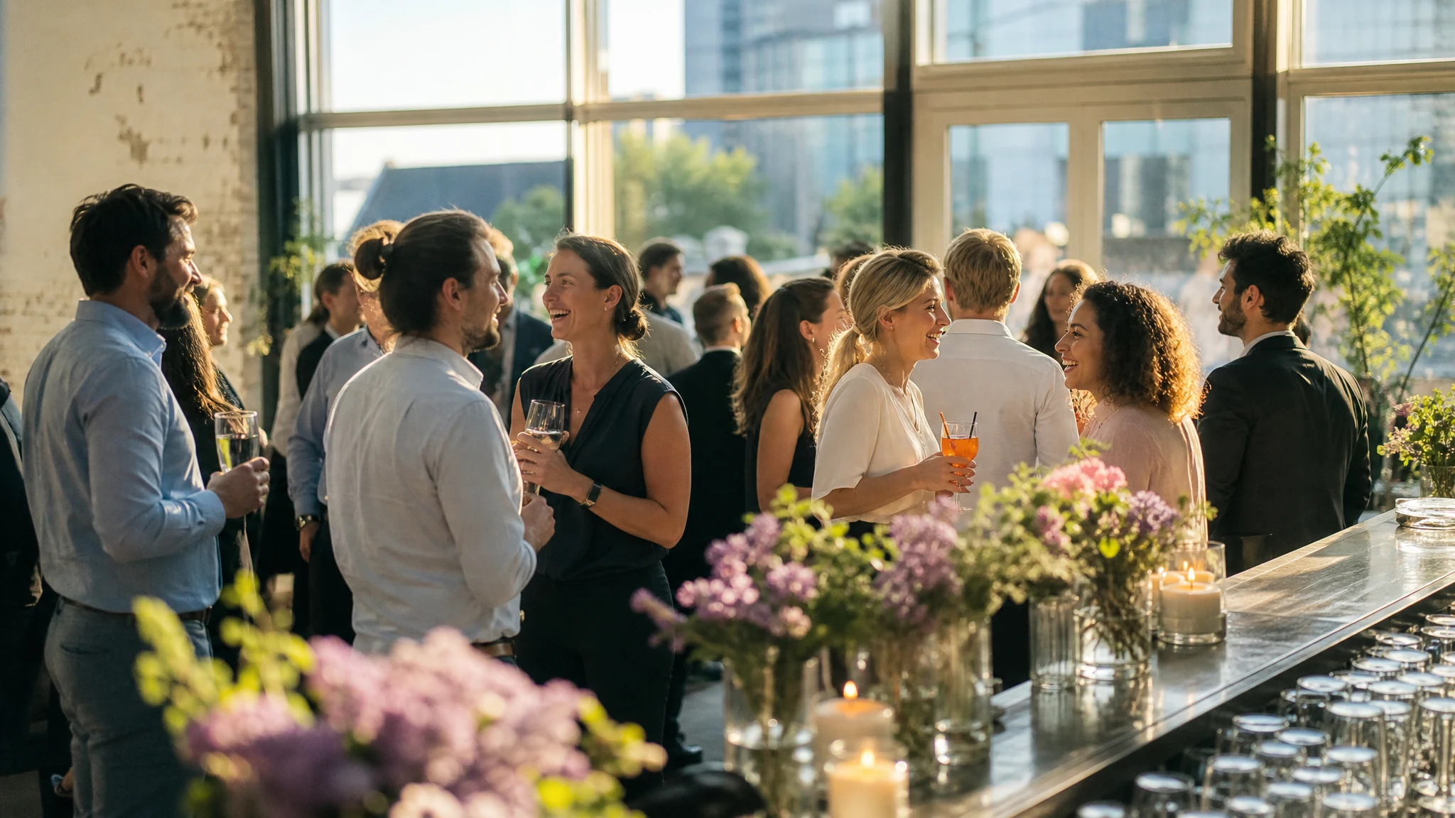 Feiern in Düsseldorf - Sektempfang auf einer Rooftop-Location mit Blick auf die Skyline