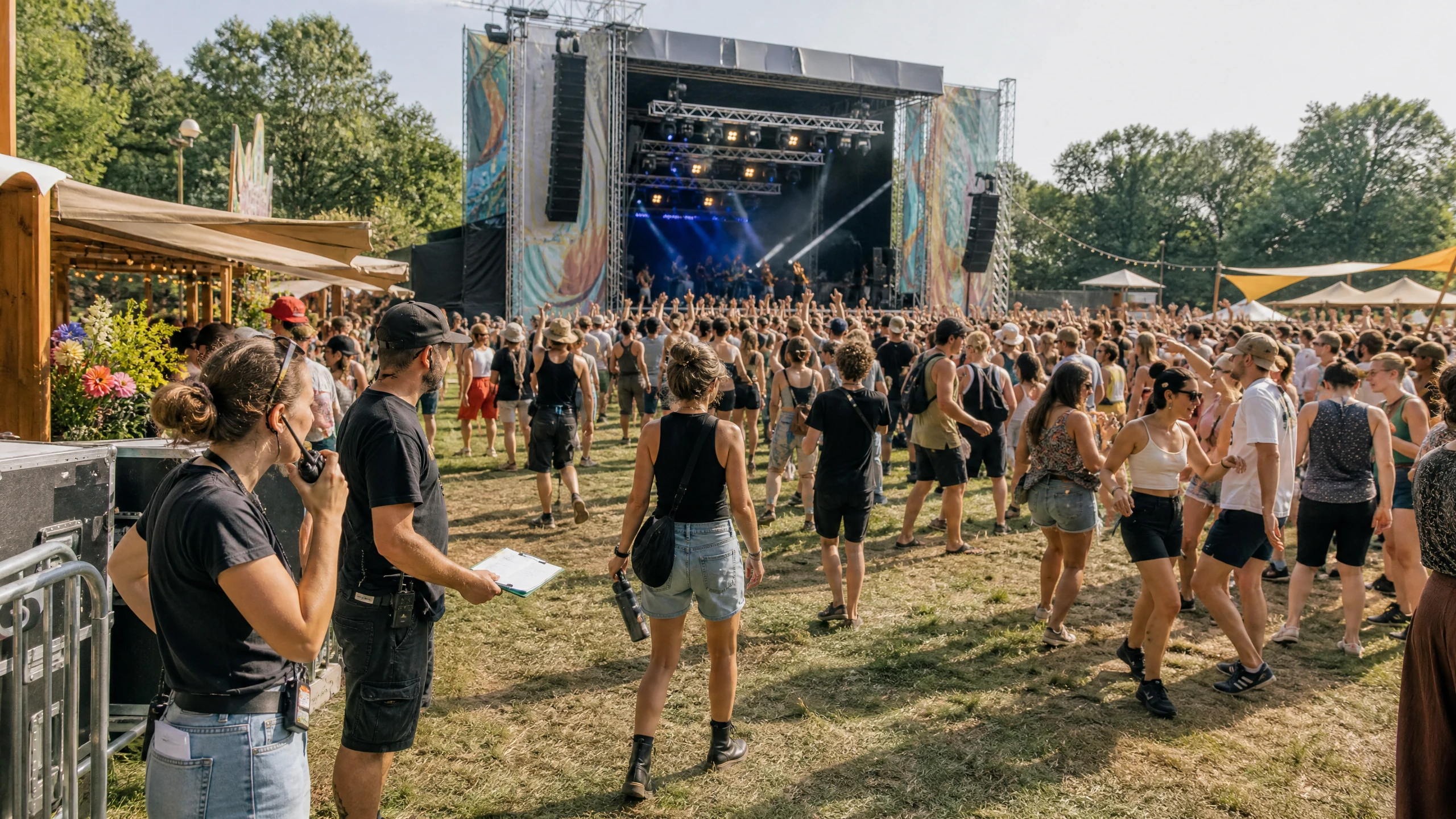 Eine Crew mit Funkgerät und Klemmbrett behält beim Organisieren eines Festivals die tanzende Menge vor der Bühne im Blick