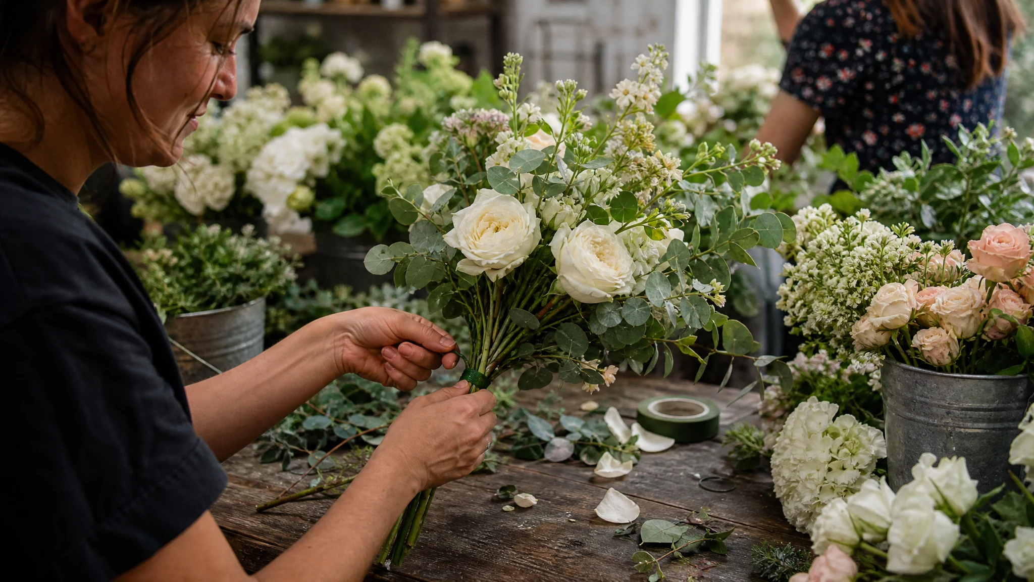 Eine Floristin bindet in ihrer Werkstatt einen Strauß aus weißen Rosen und Grün für eine Hochzeit