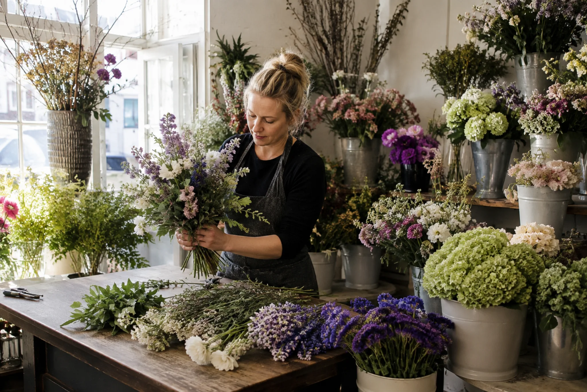 Floristin bindet einen Brautstrauß in einem Kölner Blumenladen zwischen frischen Schnittblumen