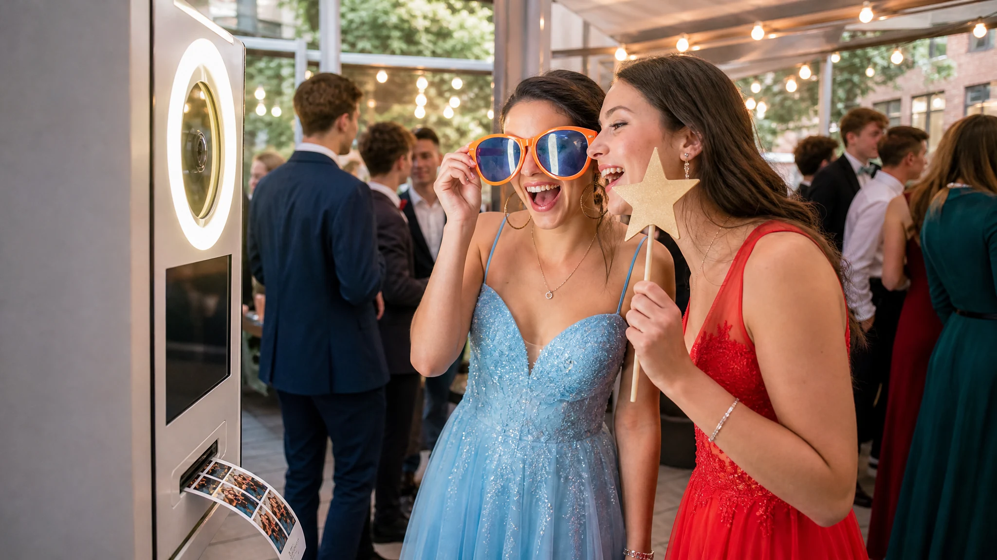 Junge Frauen in Abendkleidern lachen mit Riesenbrille und Stern am Stiel an einer Fotobox auf einem Abiball