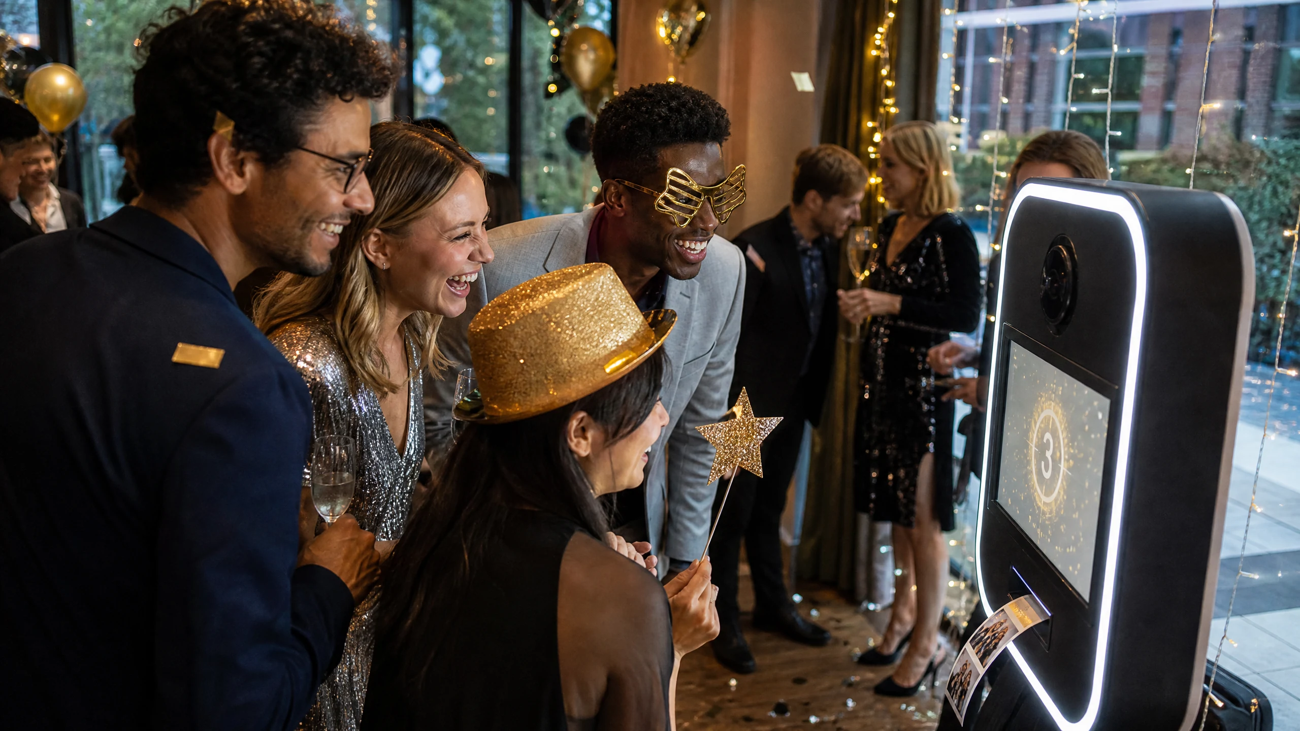 Lachende Gäste mit goldenem Hut, Sternbrille und Sektgläsern posieren vor einer Fotobox auf einer Silvesterparty