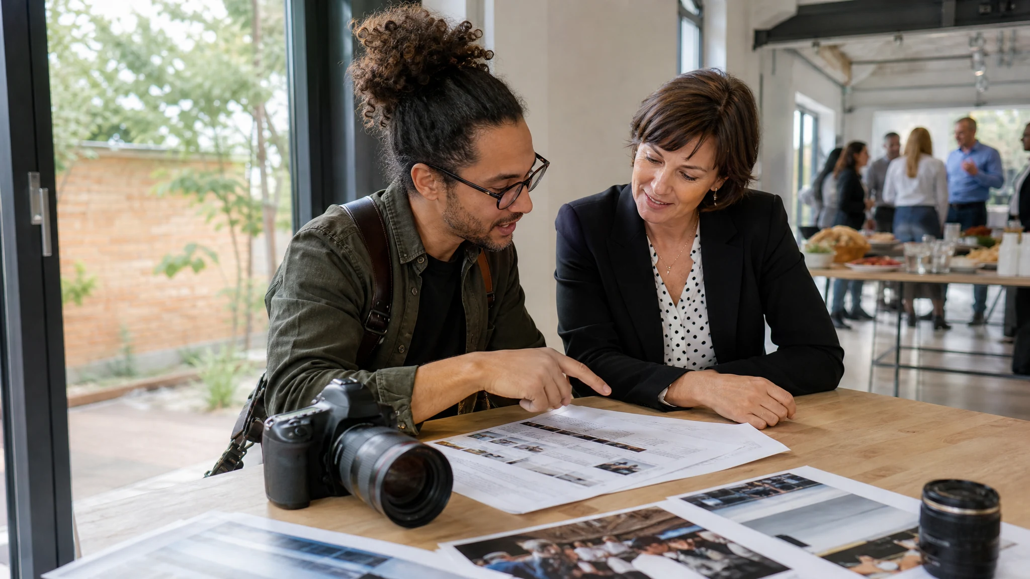 Ein Fotograf bespricht mit einer Frau ausgedruckte Fotos einer Firmenfeier an einem Holztisch in einer hellen Halle