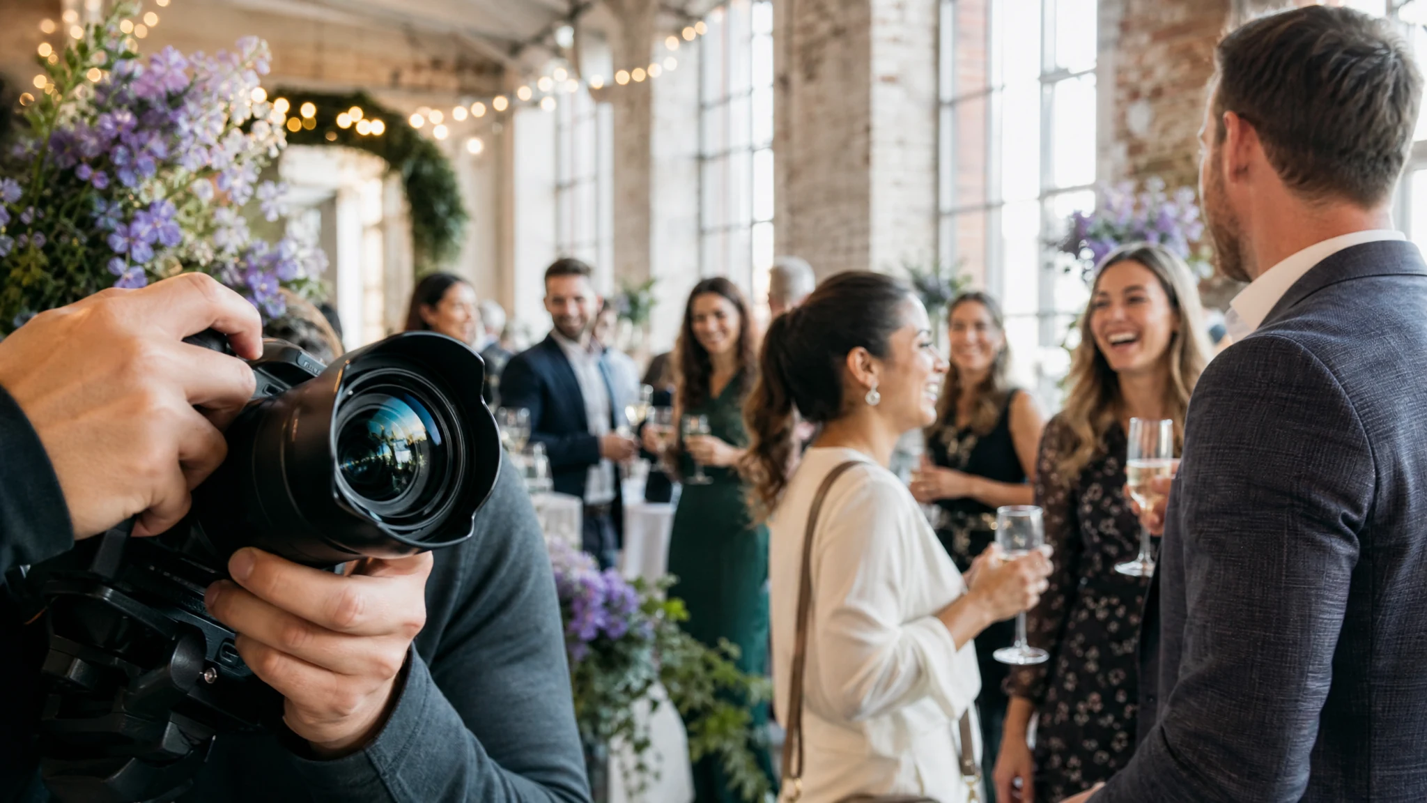 Ein Fotograf hält die Kamera auf lachende Gäste mit Sektgläsern bei einer Firmenfeier in einer Halle mit Blumenschmuck