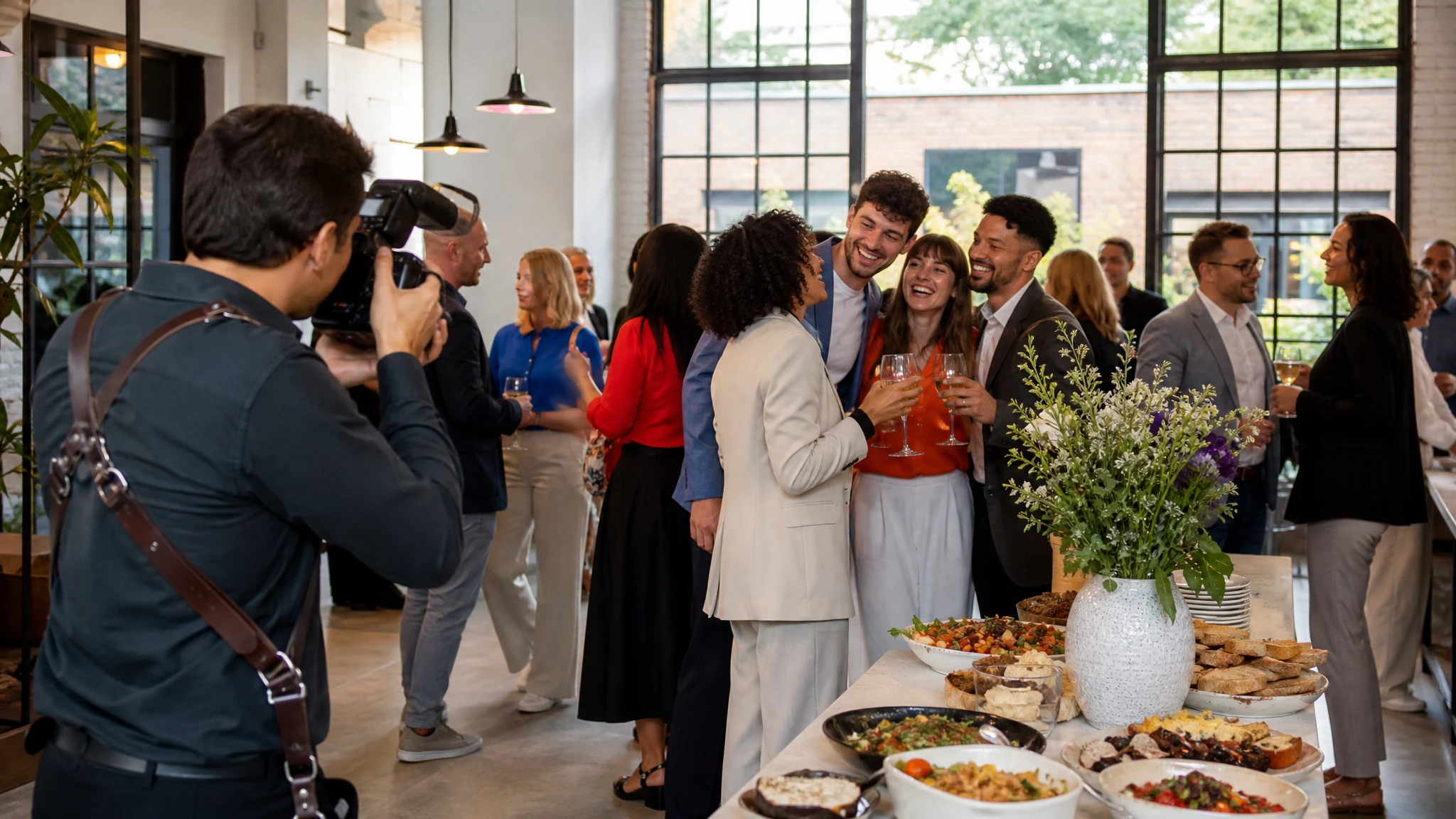 Ein Fotograf mit Kamera fotografiert lachende Gäste mit Sektgläsern auf einer Firmenfeier in einer hellen Halle am Buffet