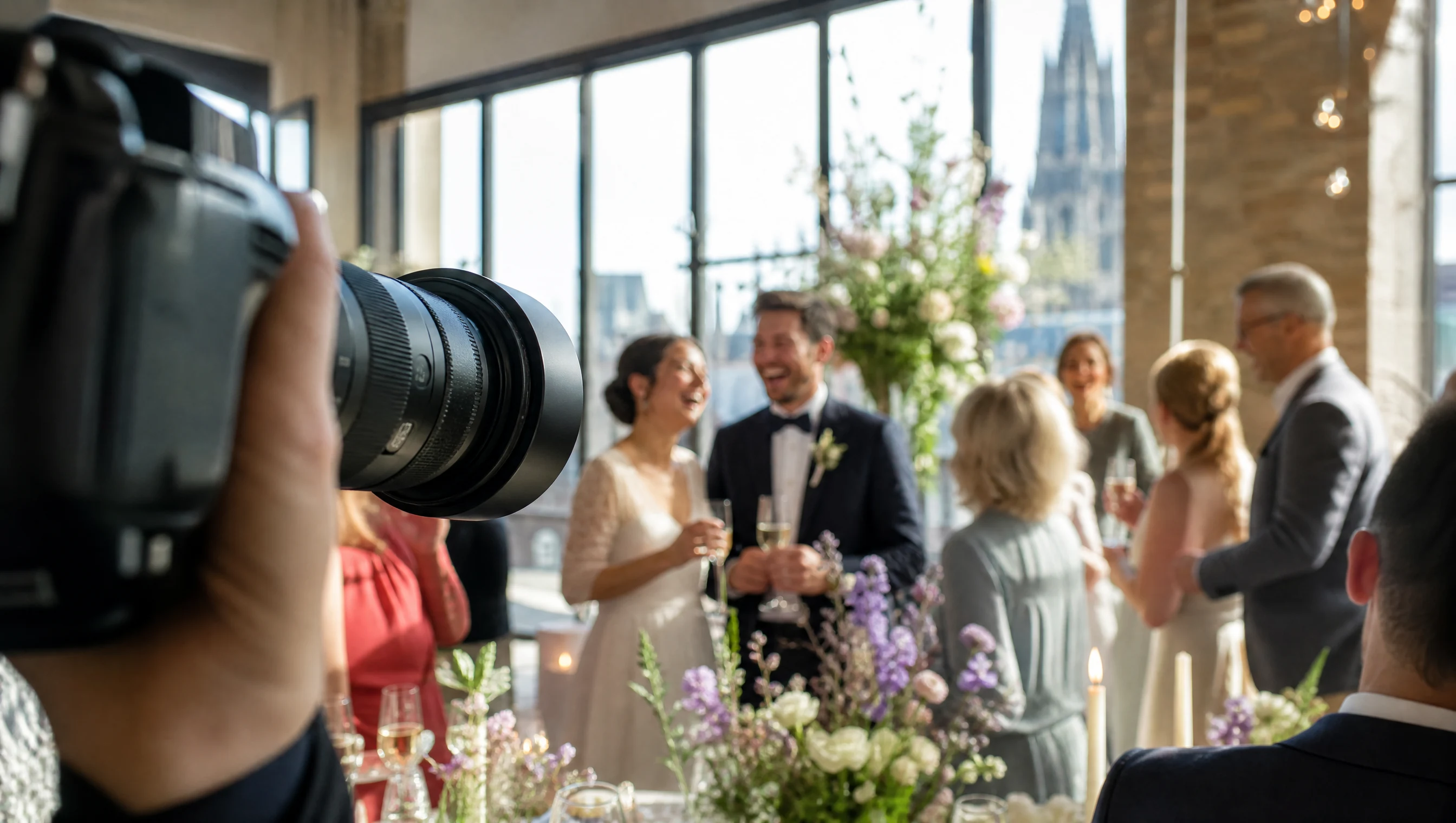 Ein Fotograf hält im Vordergrund die Kamera auf ein lachendes Brautpaar mit Sektgläsern bei einer Hochzeit in Bonn