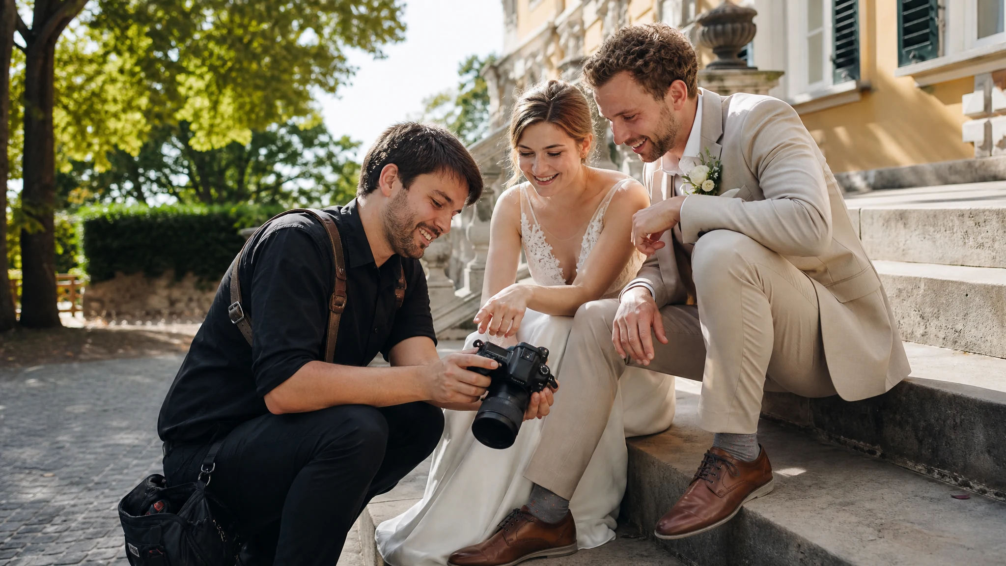 Ein Fotograf zeigt einem Brautpaar bei der Hochzeit in Bonn auf einer Steintreppe die Aufnahmen auf der Kamera