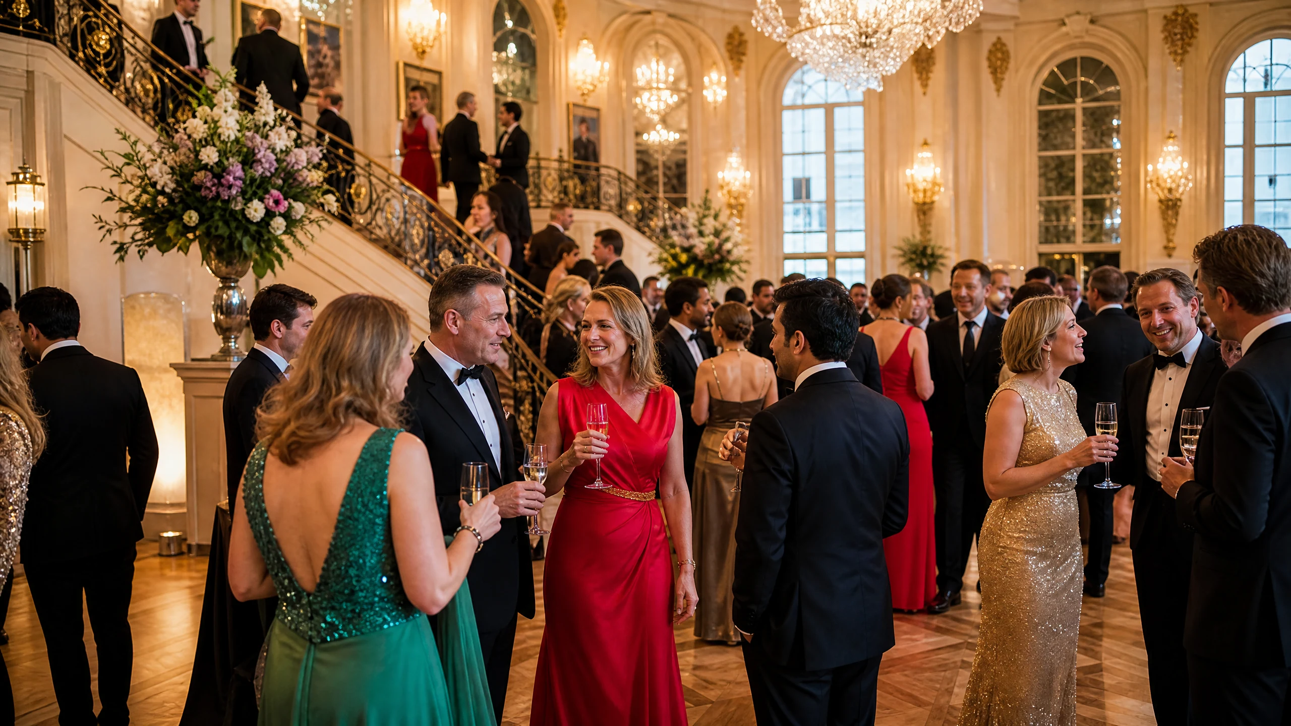 Gäste in Abendkleidern und Smokings plaudern auf einem Galaabend in einer Halle mit Treppe und Blumenschmuck