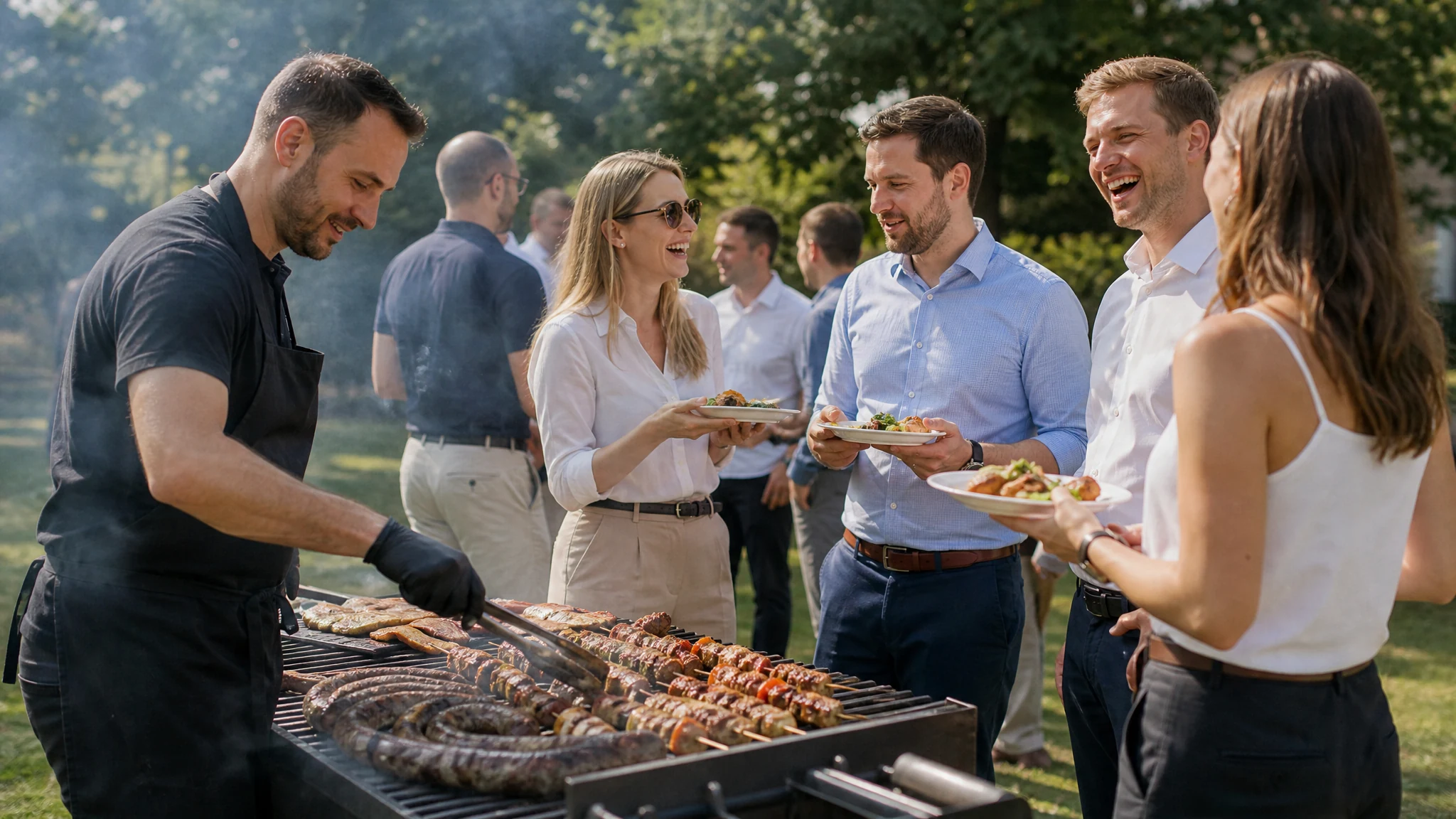 Ein Grillmeister legt Würste und Spieße auf den Rost, lachende Gäste mit Tellern warten beim Grill Catering in Bonn