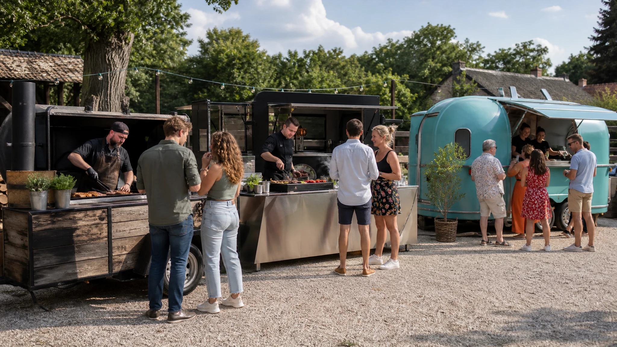 Gäste stehen an Food-Trucks und einem Smoker mit Köchen beim Grill Catering für eine Hochzeit im Freien