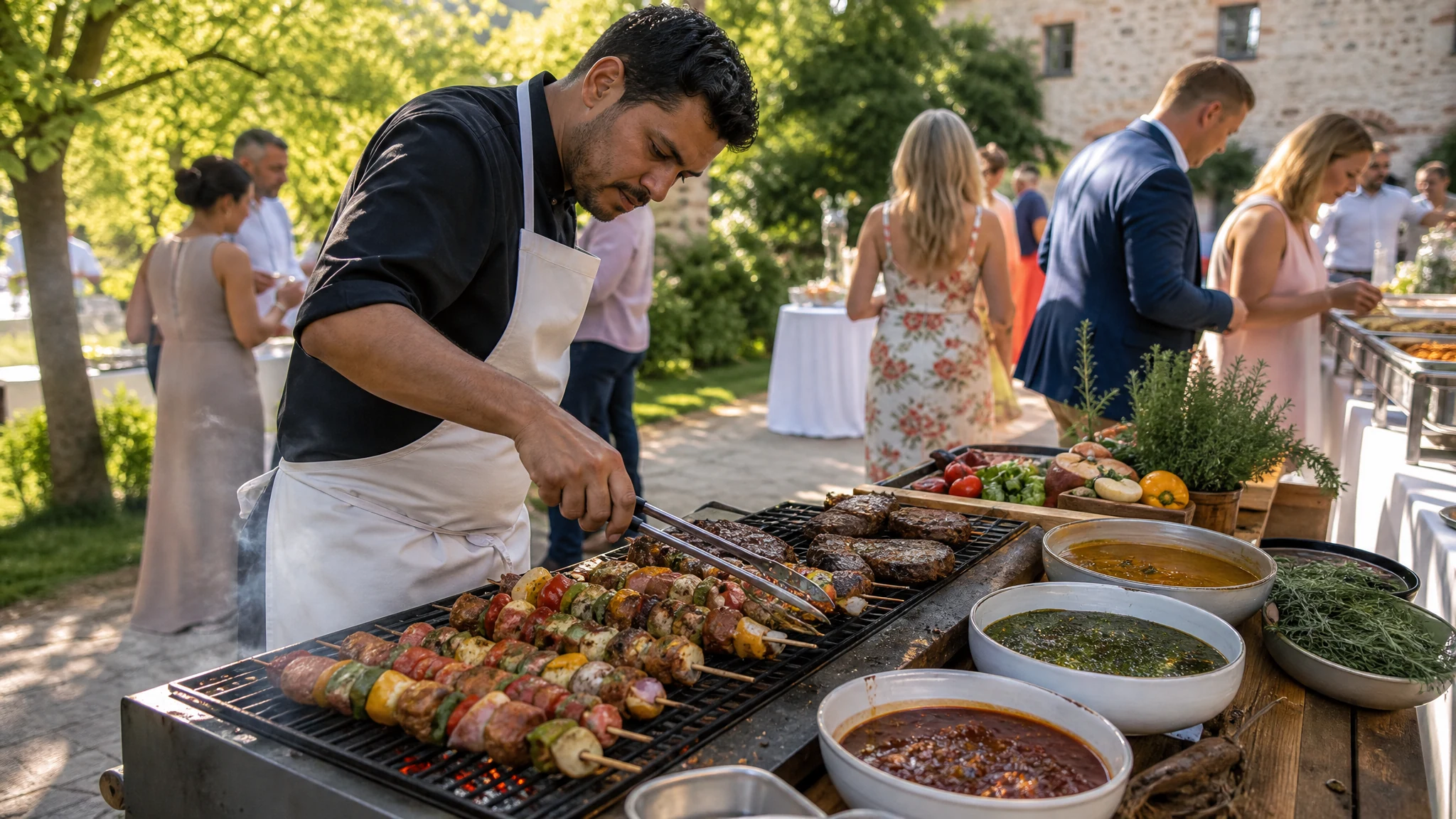 Ein Koch wendet Gemüsespieße auf dem Grill beim Catering einer Hochzeit im Garten, Gäste stehen am Büfett