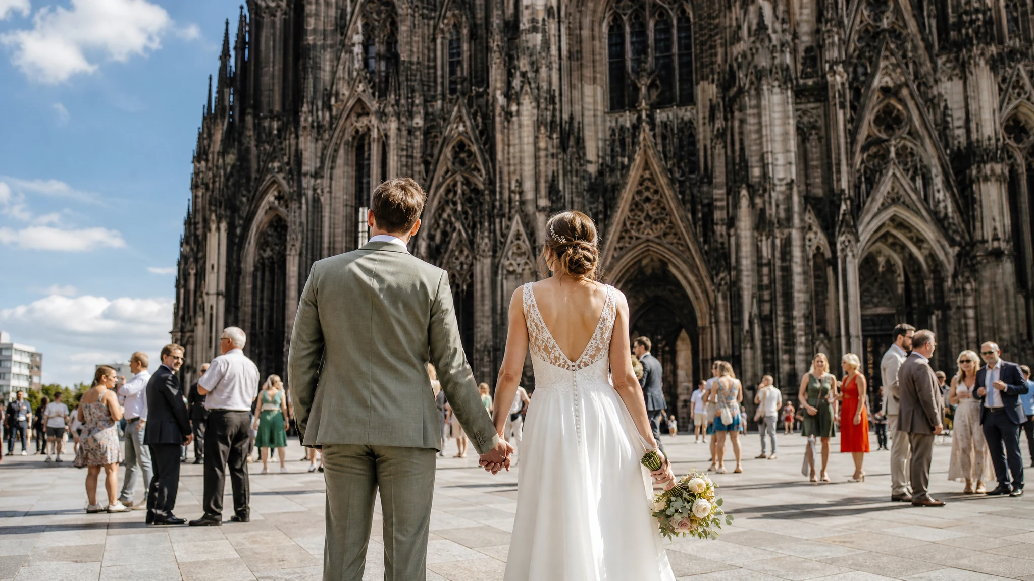 Brautpaar steht Hand in Hand vor dem Dom, ein Ort zum Heiraten in Köln, umgeben von Gästen auf dem Platz