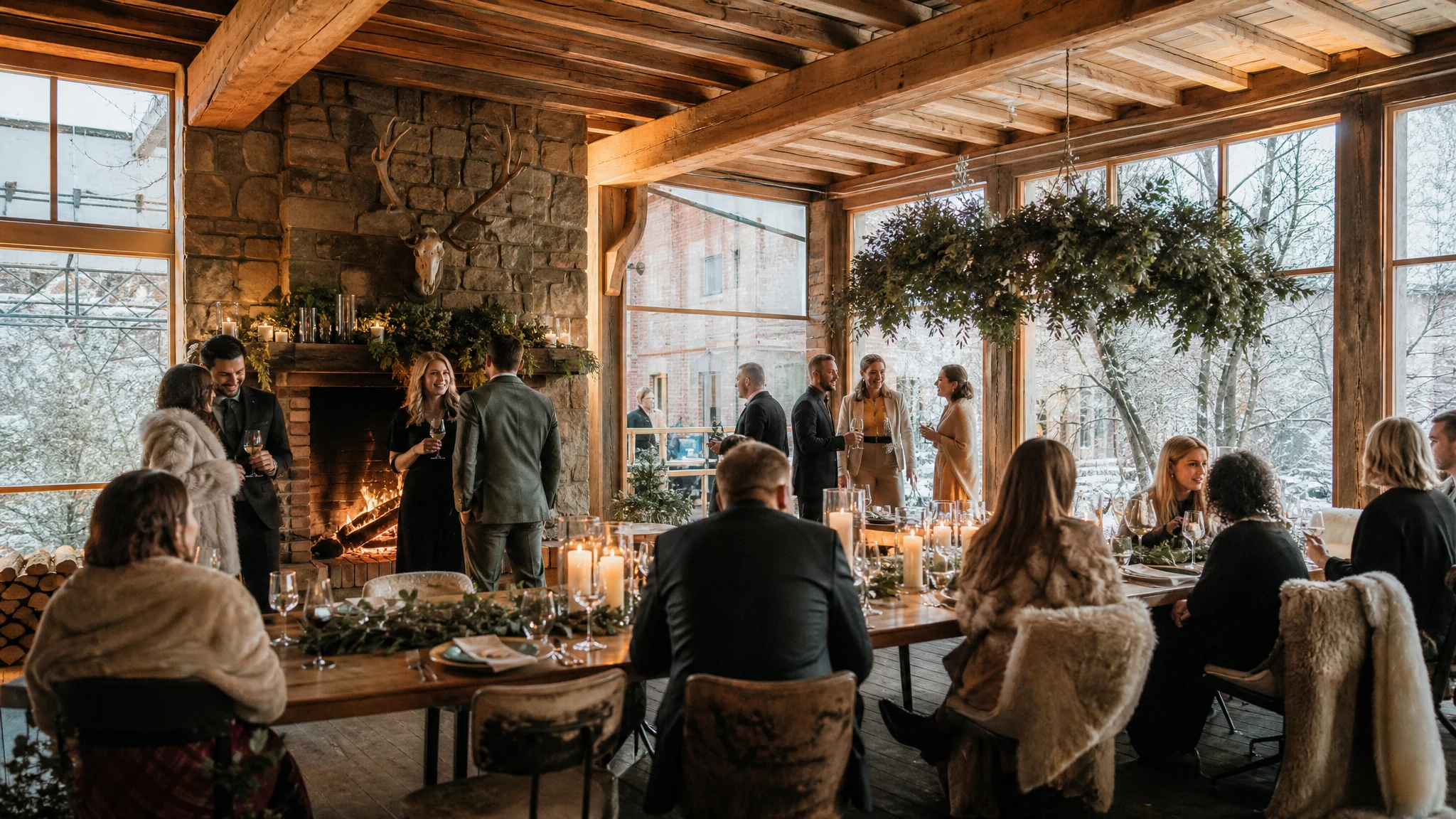 Gäste feiern in einer Hochzeitslocation im Winter mit Kamin, Holzbalken und gedeckter Tafel mit Kerzen