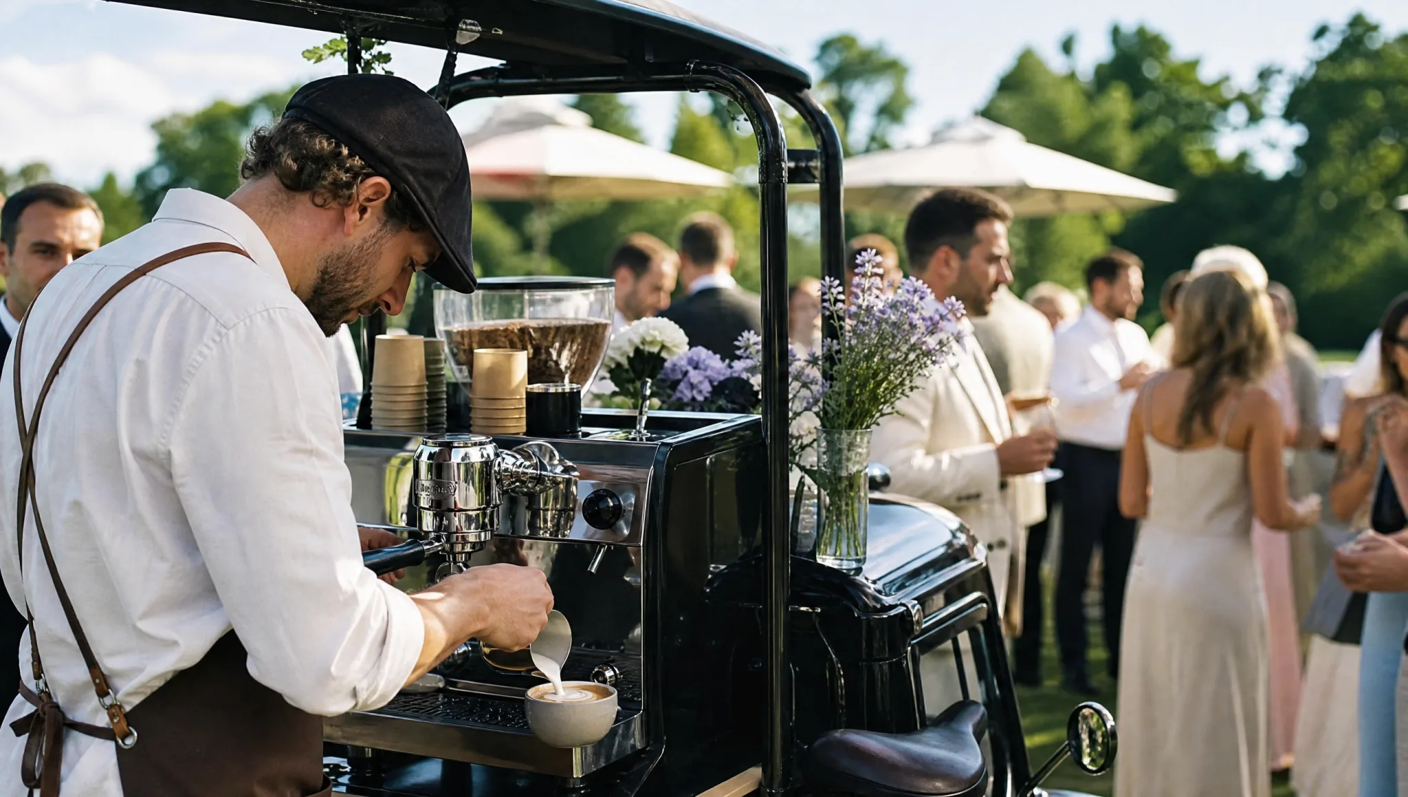 Kaffeebike im Einsatz auf einer Feier: Barista bereitet frischen Cappuccino für die Gäste zu