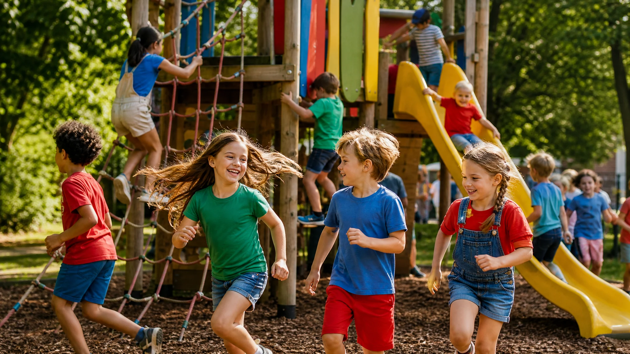 Lachende Kinder rennen bei einem Kindergeburtstag auf einem Spielplatz in der Nähe an Klettergerüst und Rutsche vorbei