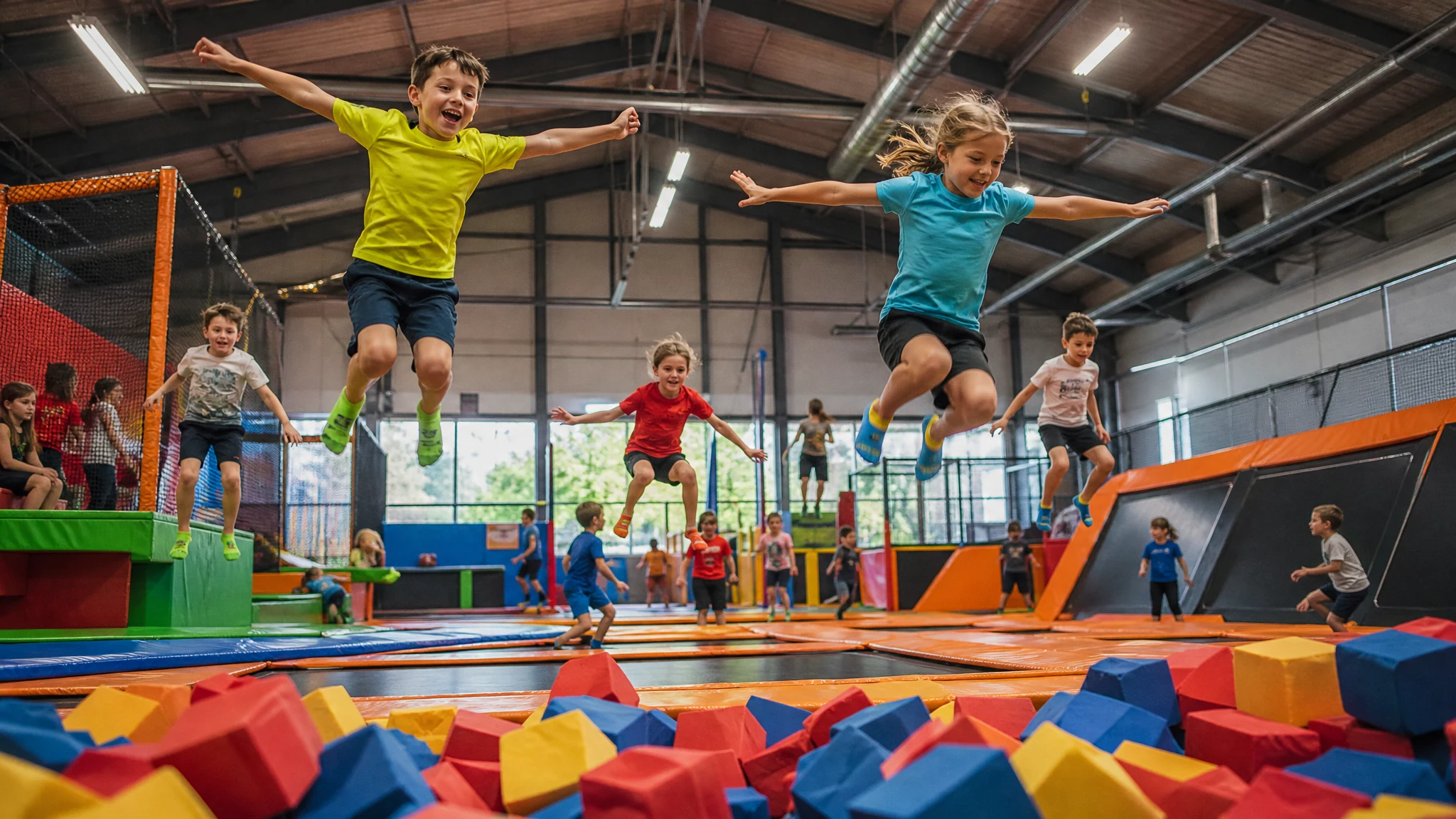 Kinder springen bei einem Kindergeburtstag in der Nähe durch eine Trampolinhalle, vorn bunte Schaumstoffwürfel