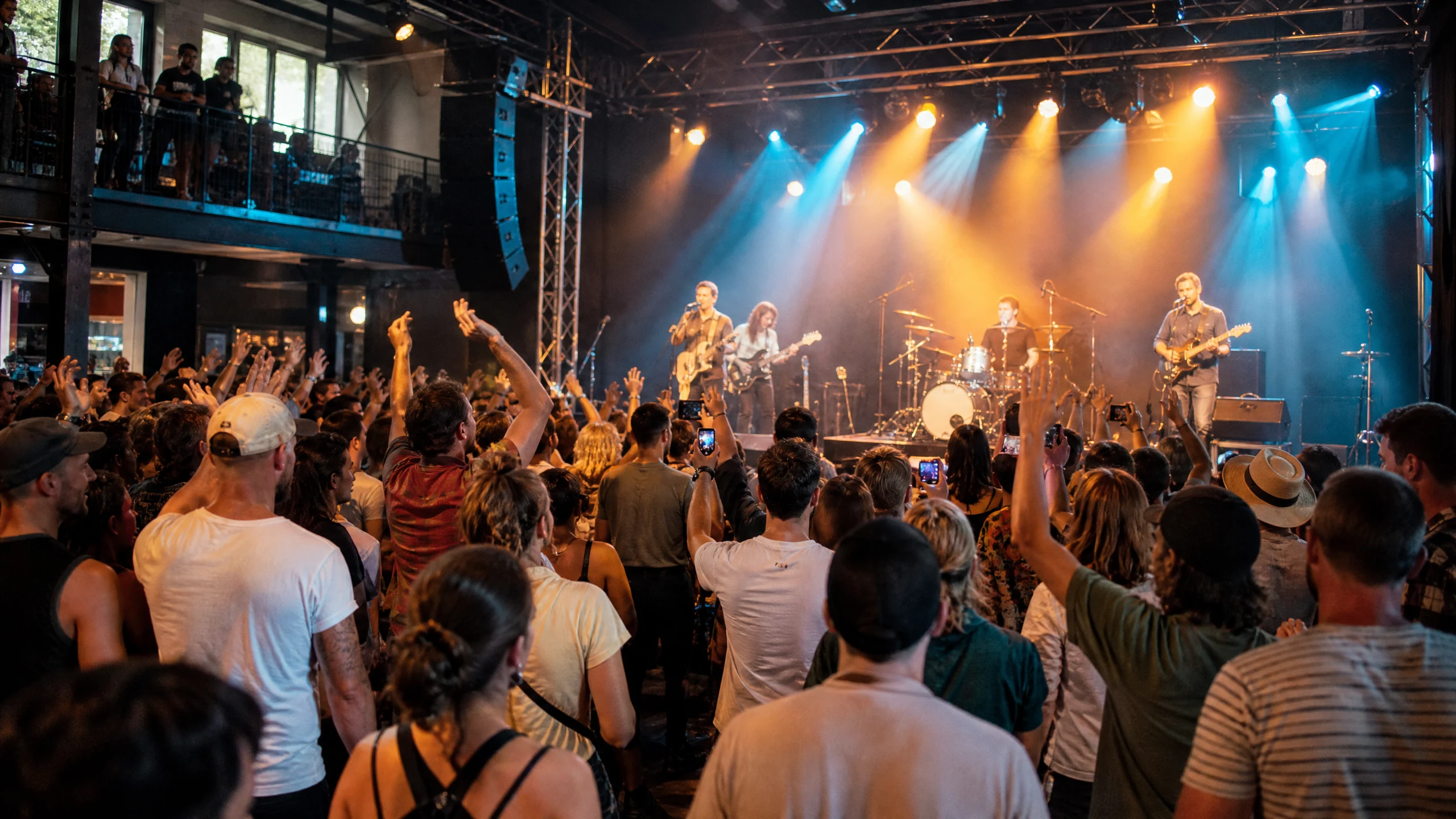 Gäste stehen in einer hellen Industriehalle mit Blumen und Kerzen, eine Location für alle, die ein Konzert organisieren