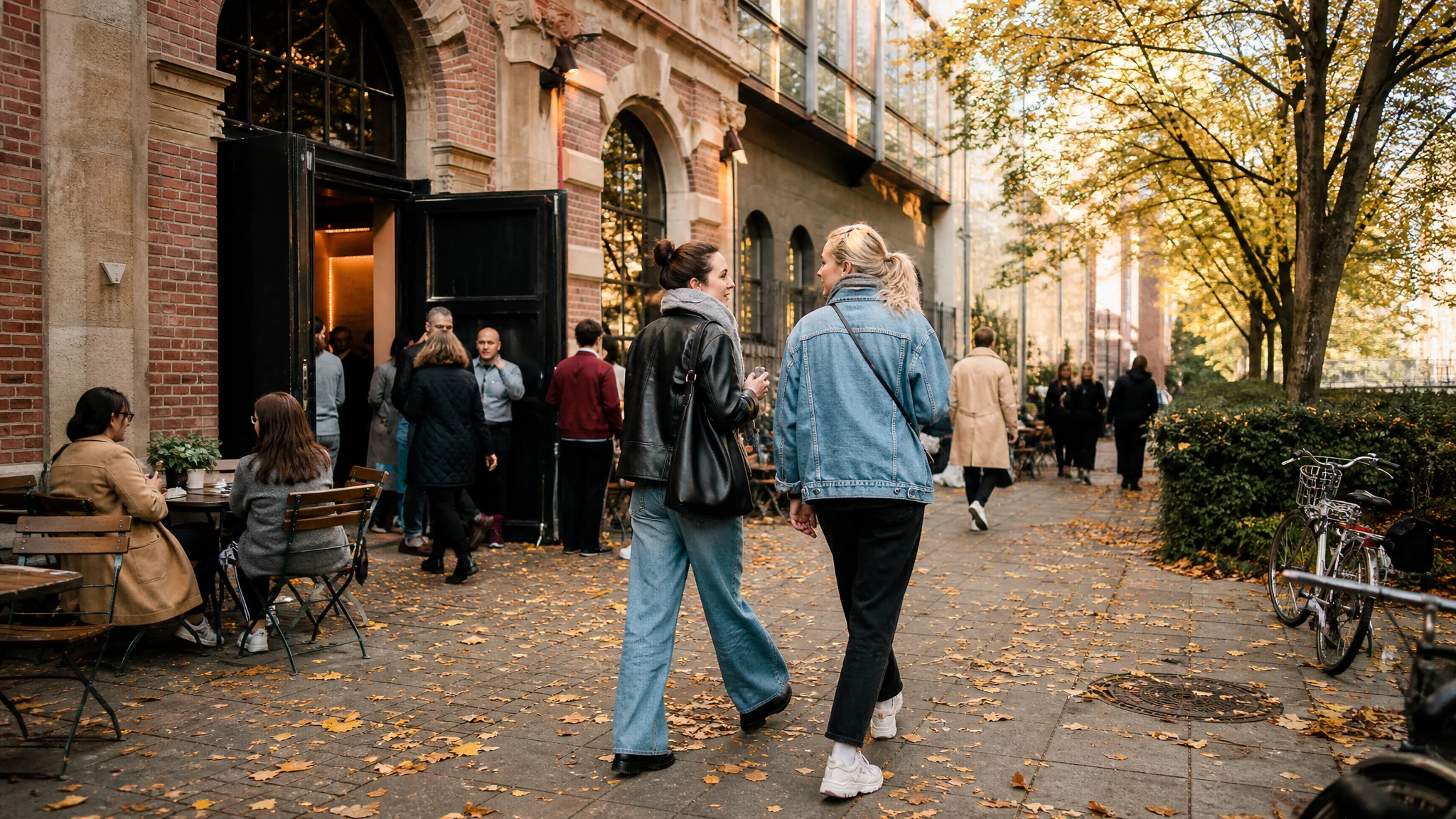 Spaziergängerinnen gehen im Herbst über laubbedecktes Pflaster vor einer Backsteinfassade, einer Location in Düsseldorf