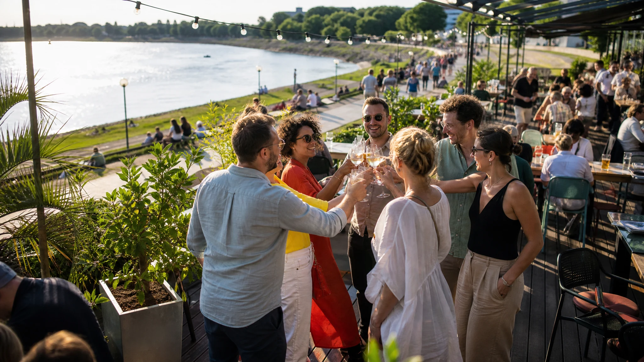 Gäste stoßen auf einer Terrasse mit Blick auf den Rhein an, eine Location in Düsseldorf für laue Abende