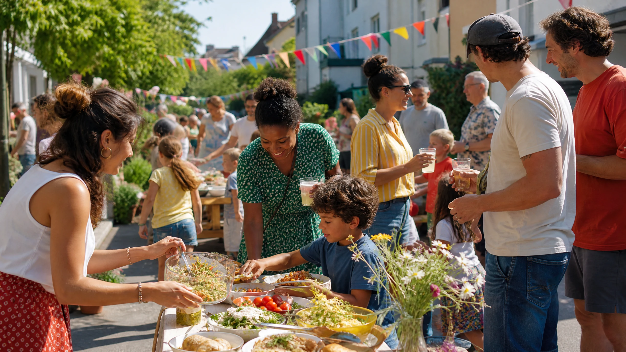 Nachbarn und Kinder bedienen sich an einem Buffet mit Salaten auf einer Straße mit Wimpelkette beim Nachbarschaftsfest