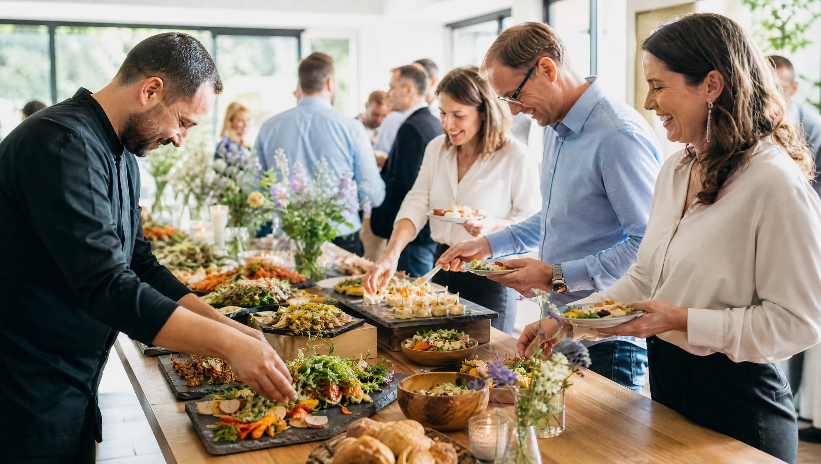 Partyservice Siegburg: Caterer richtet ein Buffet mit Fingerfood an, Gäste bedienen sich