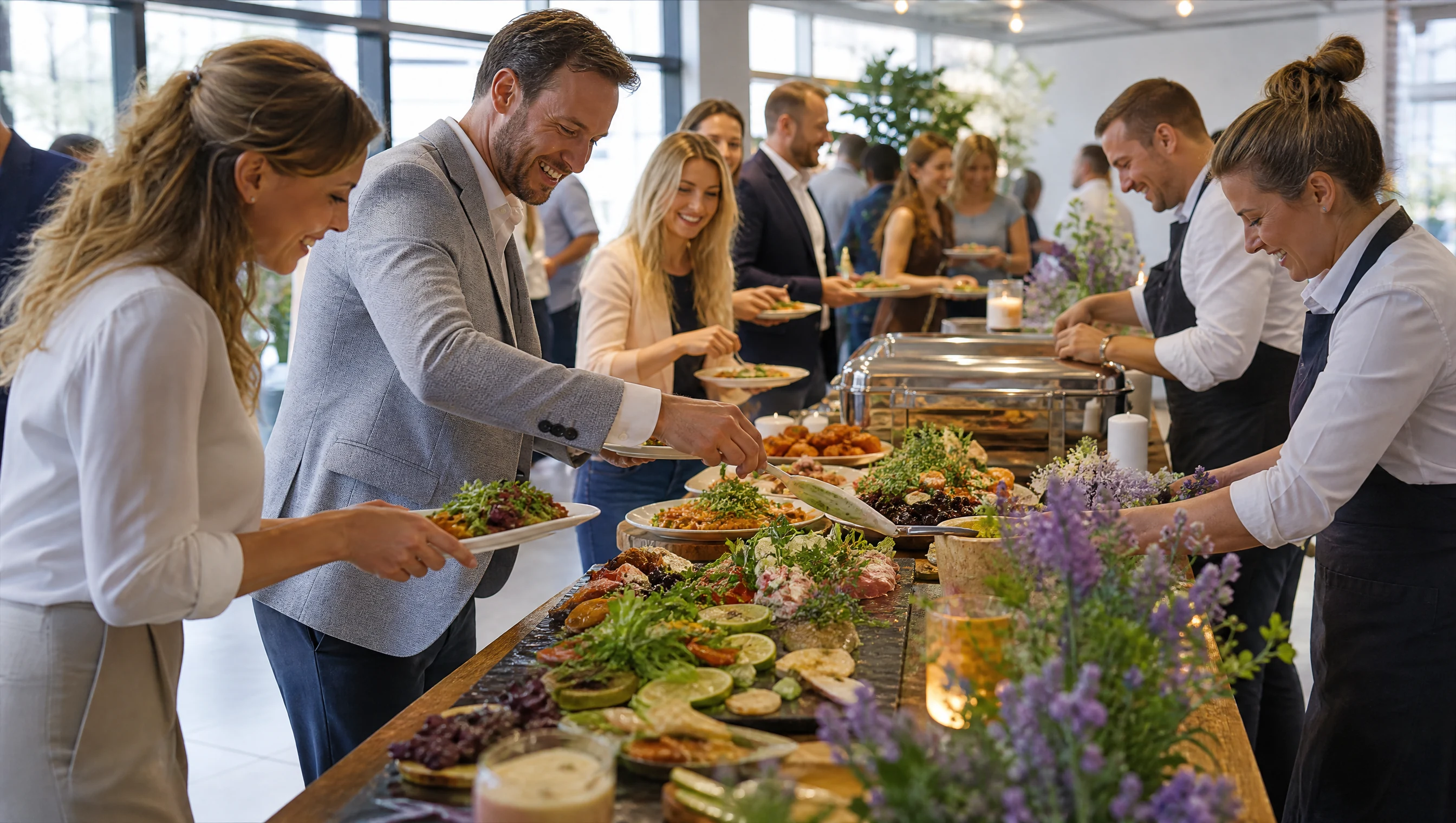 Partyservice Siegburg: Servicekräfte betreuen ein Buffet mit Chafing Dishes bei einer Feier