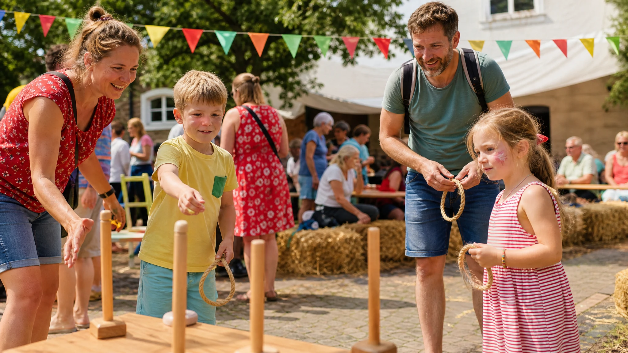 Kinder und Erwachsene spielen Ringwurf an einem Holzständer auf einem Pfarrfest im Freien mit bunten Wimpeln