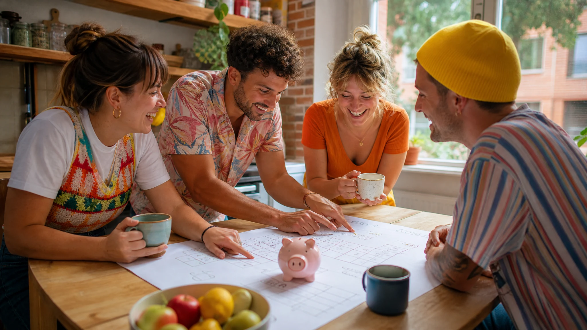 Lachende Freunde planen am Küchentisch mit Grundriss und Sparschwein Ideen für einen Polterabend und das Budget