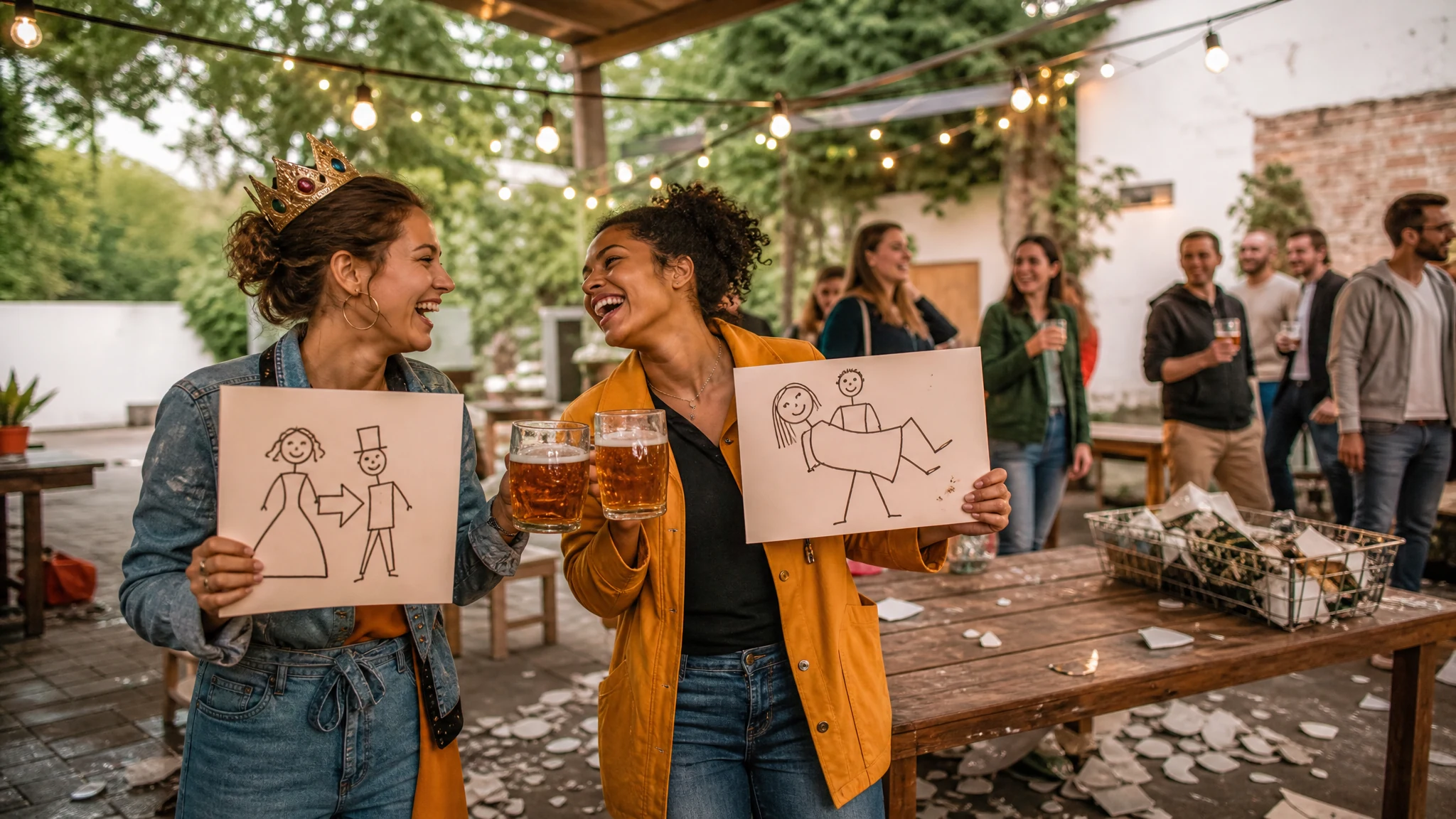 Lachende Frauen mit Biergläsern zeigen gezeichnete Schilder mit Braut und Bräutigam auf einem Polterabend im Hof