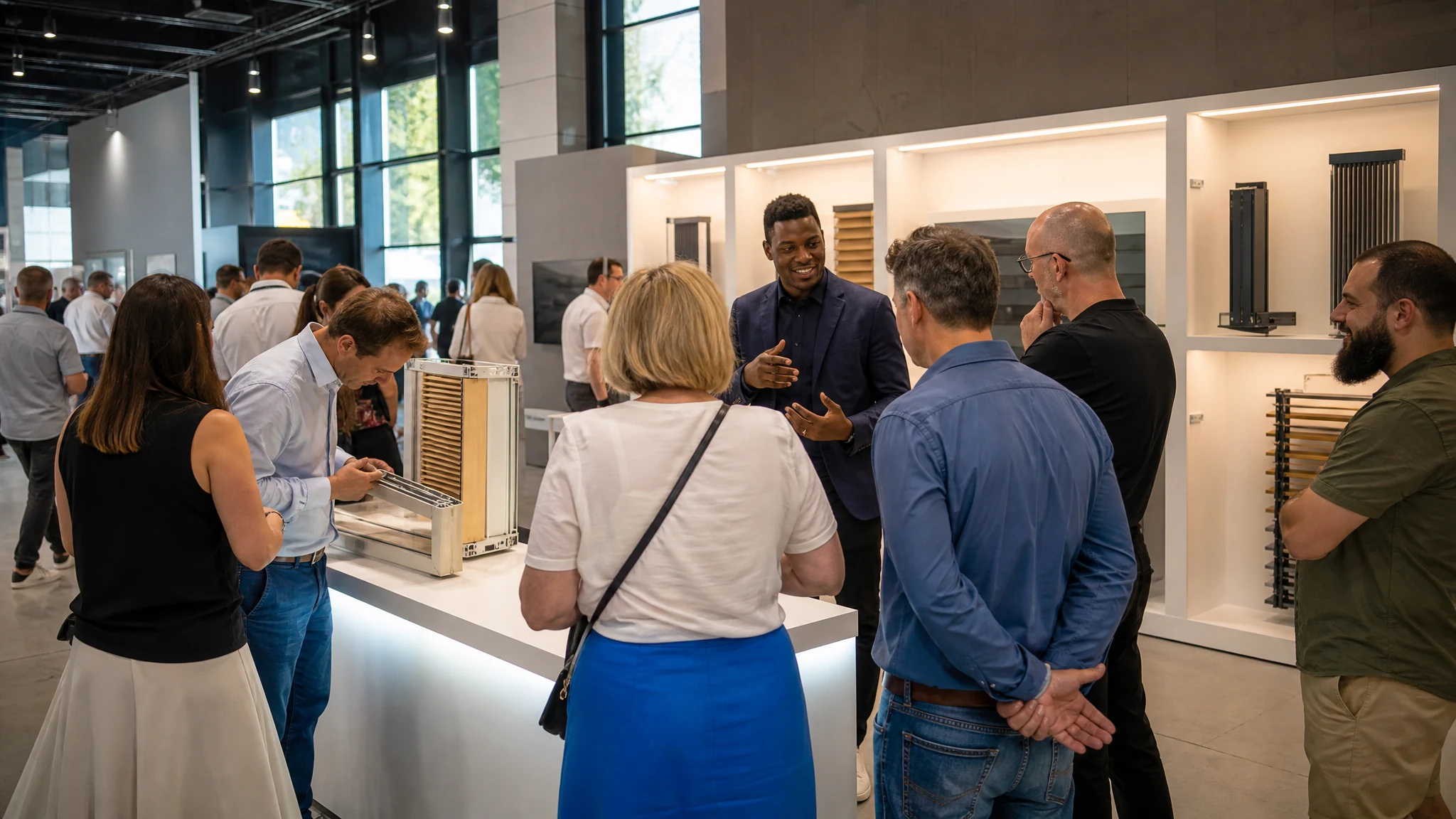 Besucher hören bei einer Produktpräsentation in einer Messehalle einem lächelnden Mann am Stand mit Mustern zu
