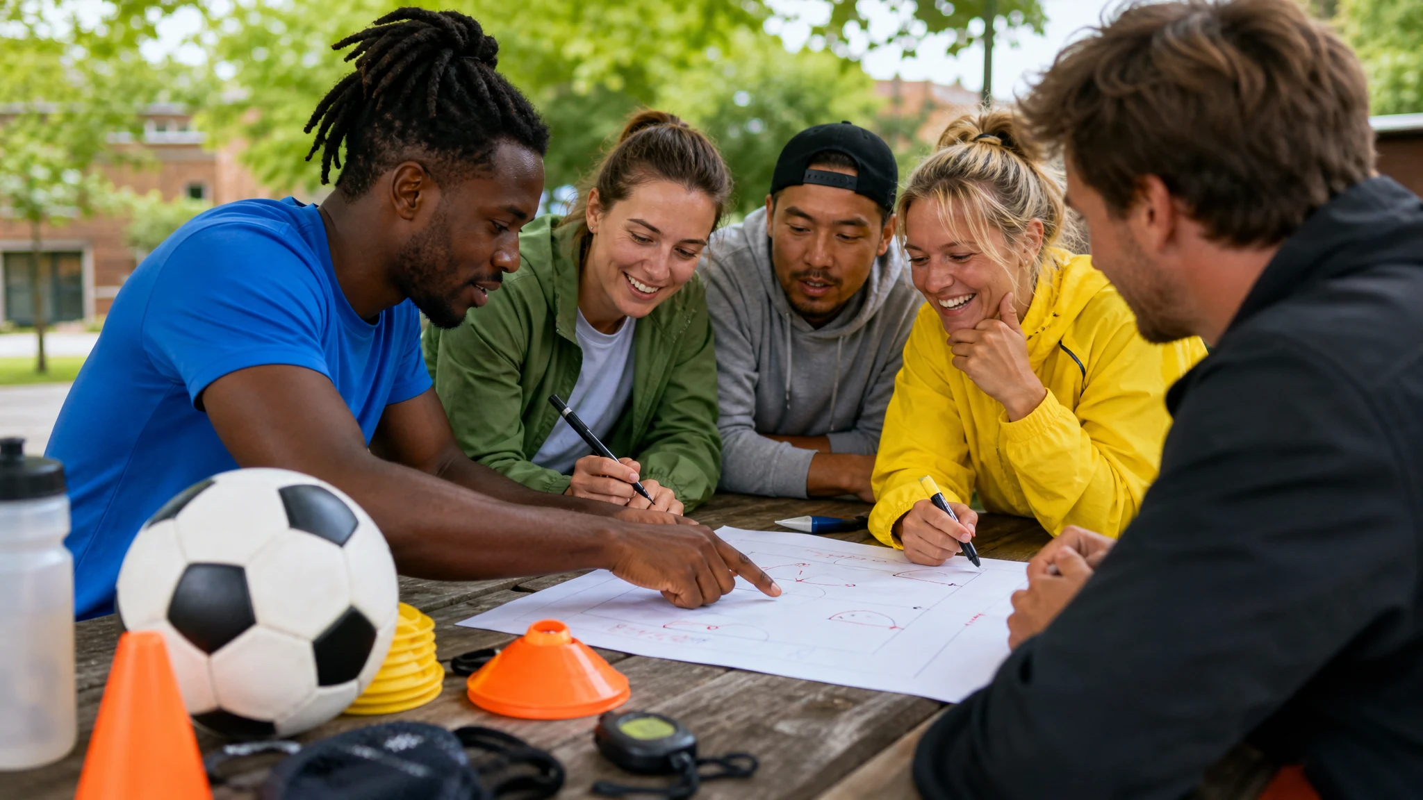 Lachende Helfer besprechen an einem Holztisch im Freien einen Spielplan, um eine Sportveranstaltung zu organisieren