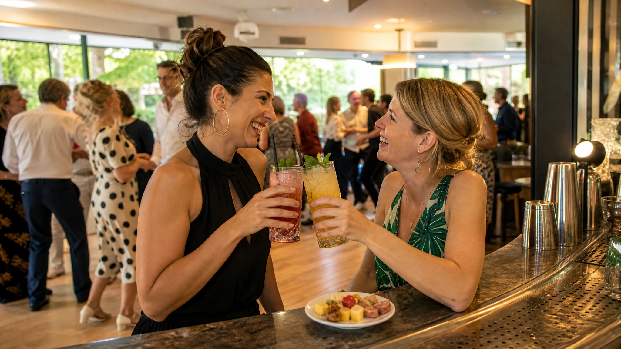 Lachend stoßen Freundinnen an einer Bar mit Cocktails an, hinter ihnen plaudern Gäste bei einem Tanzabend im Saal