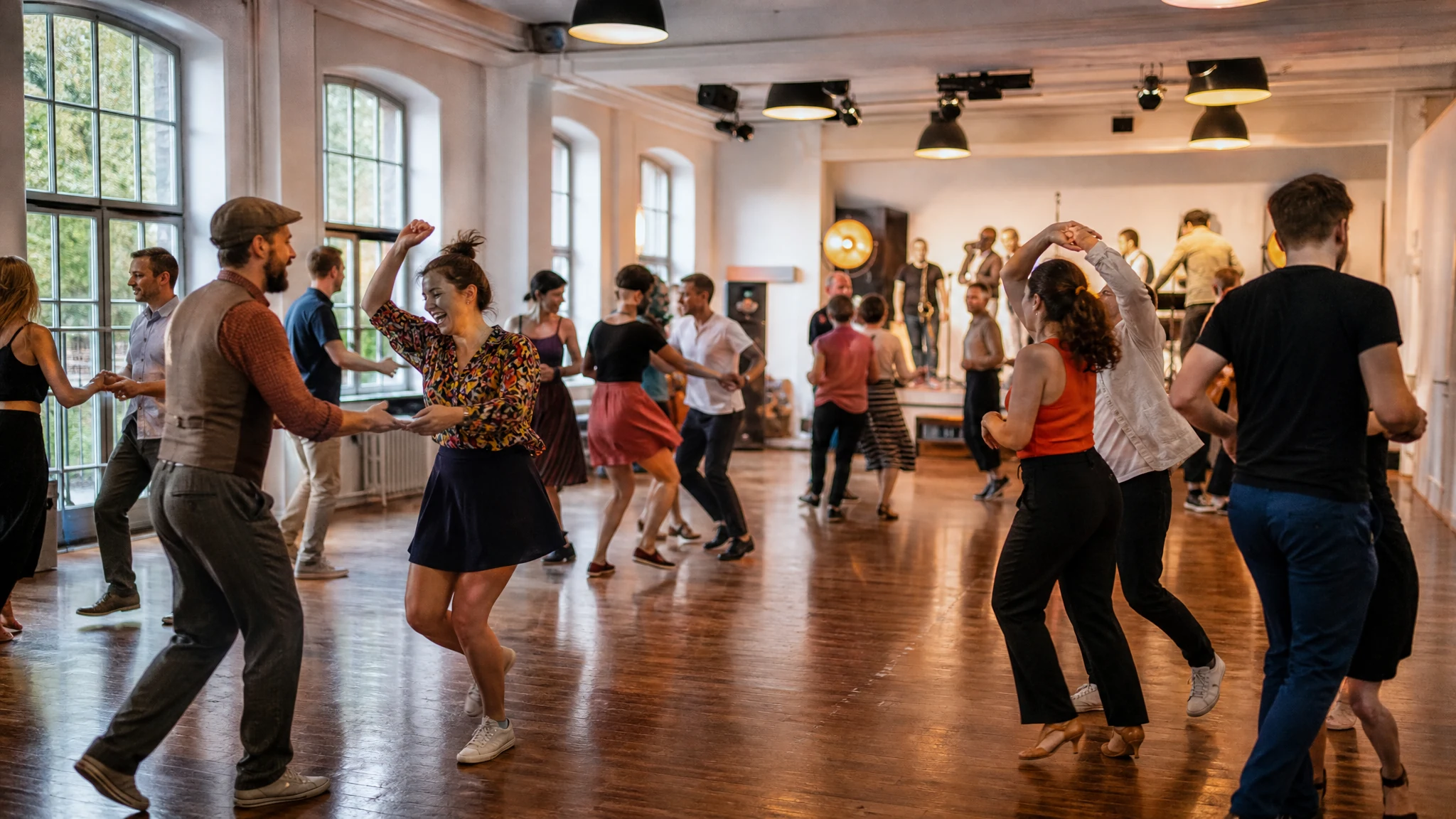 Tanzende Paare in Vintage-Kleidung bewegen sich auf einem Holzparkett bei einem Tanzabend mit Livemusik in einem hellen Saal